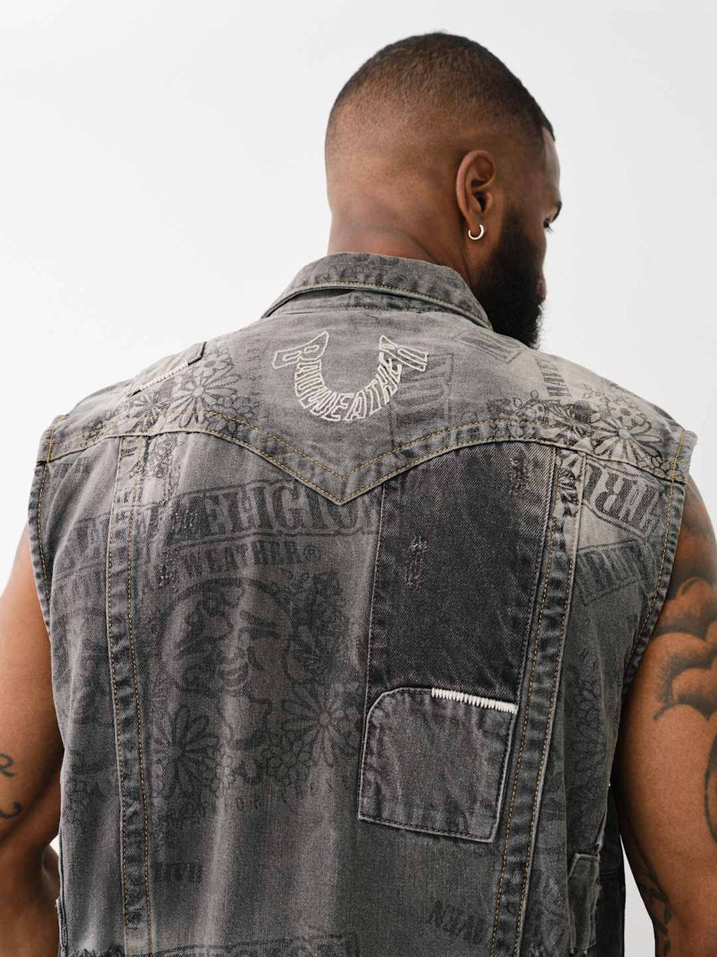 True Religion Denim Pocket Vest Stack Rips Grey Wash
