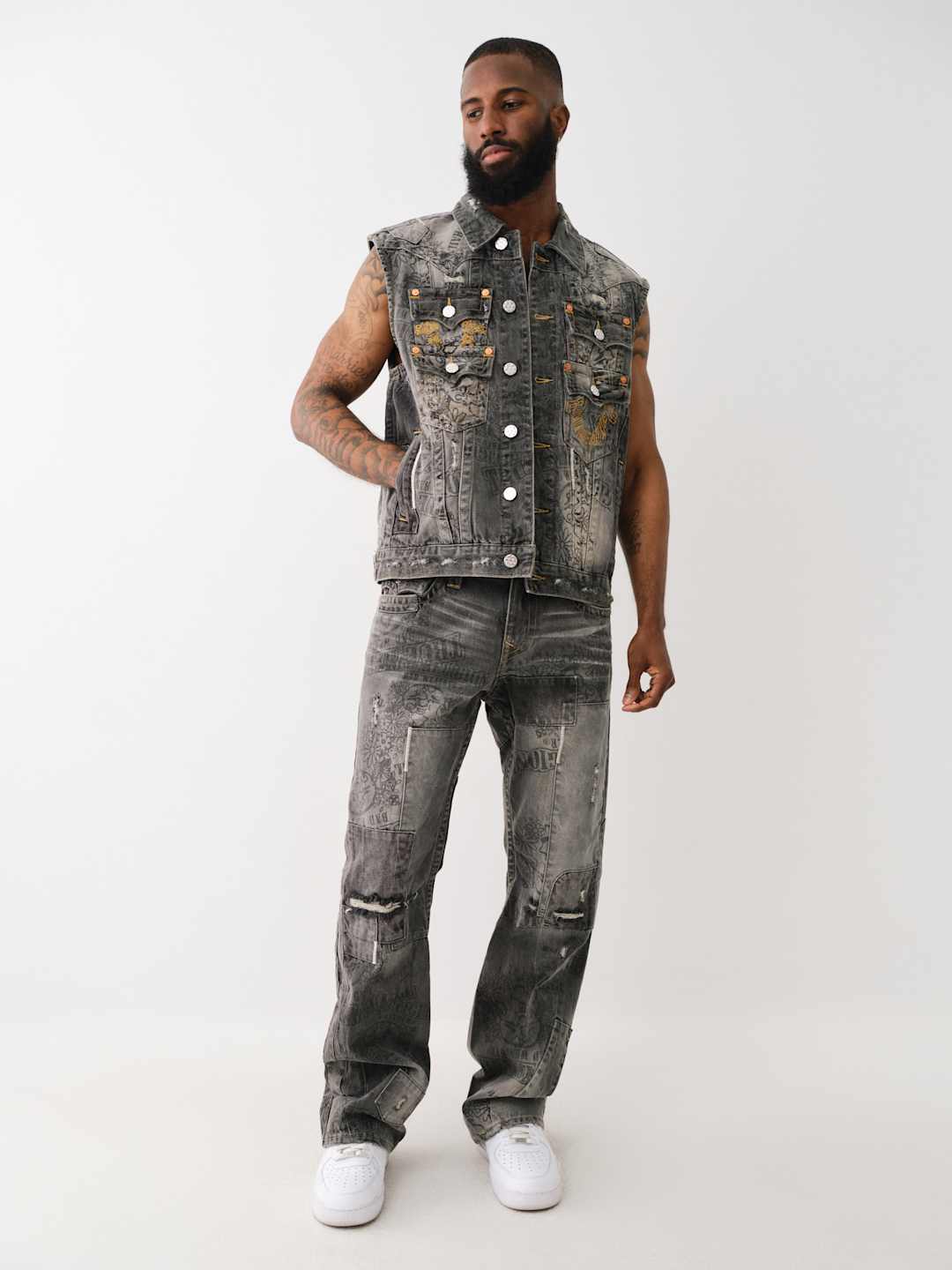 True Religion Denim Pocket Vest Stack Rips Grey Wash