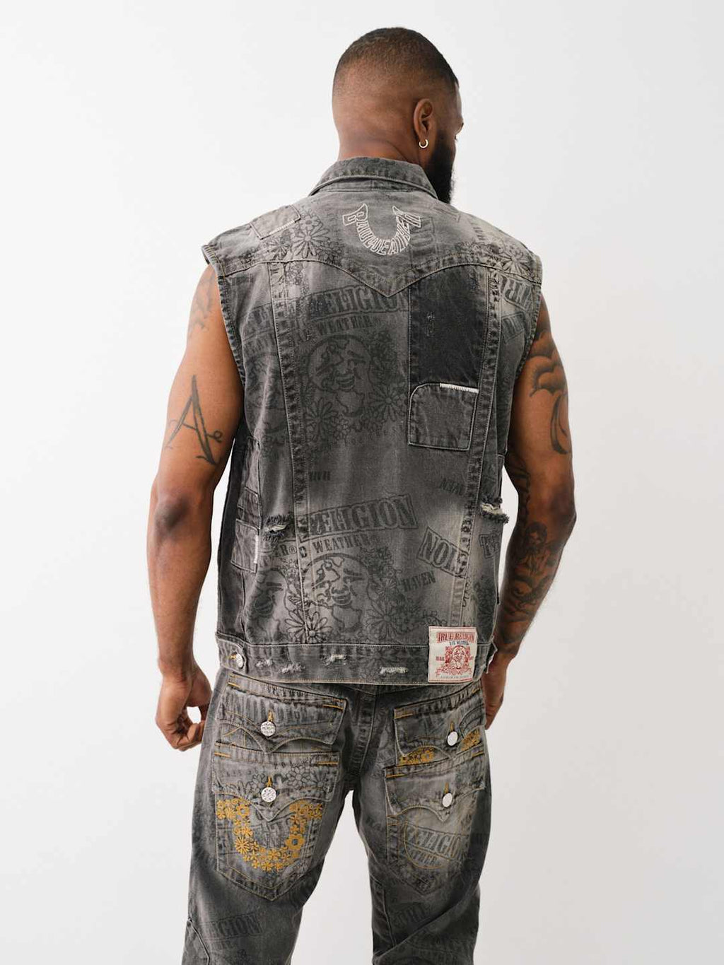 True Religion Denim Pocket Vest Stack Rips Grey Wash