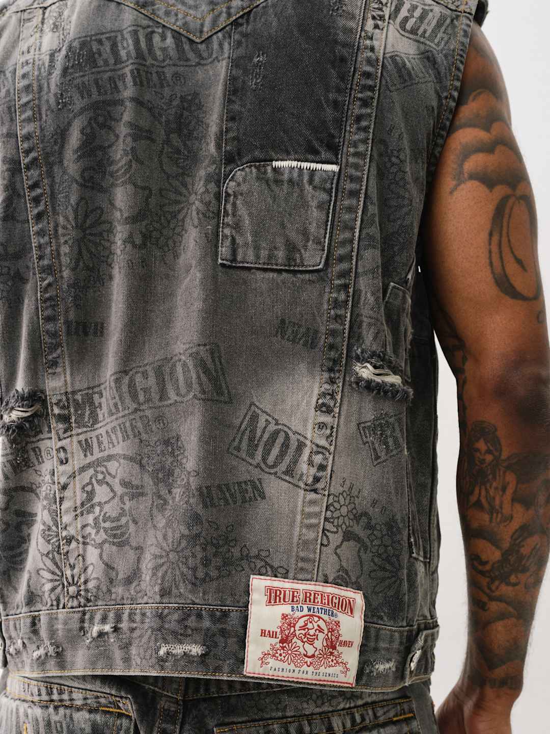 True Religion Denim Pocket Vest Stack Rips Grey Wash