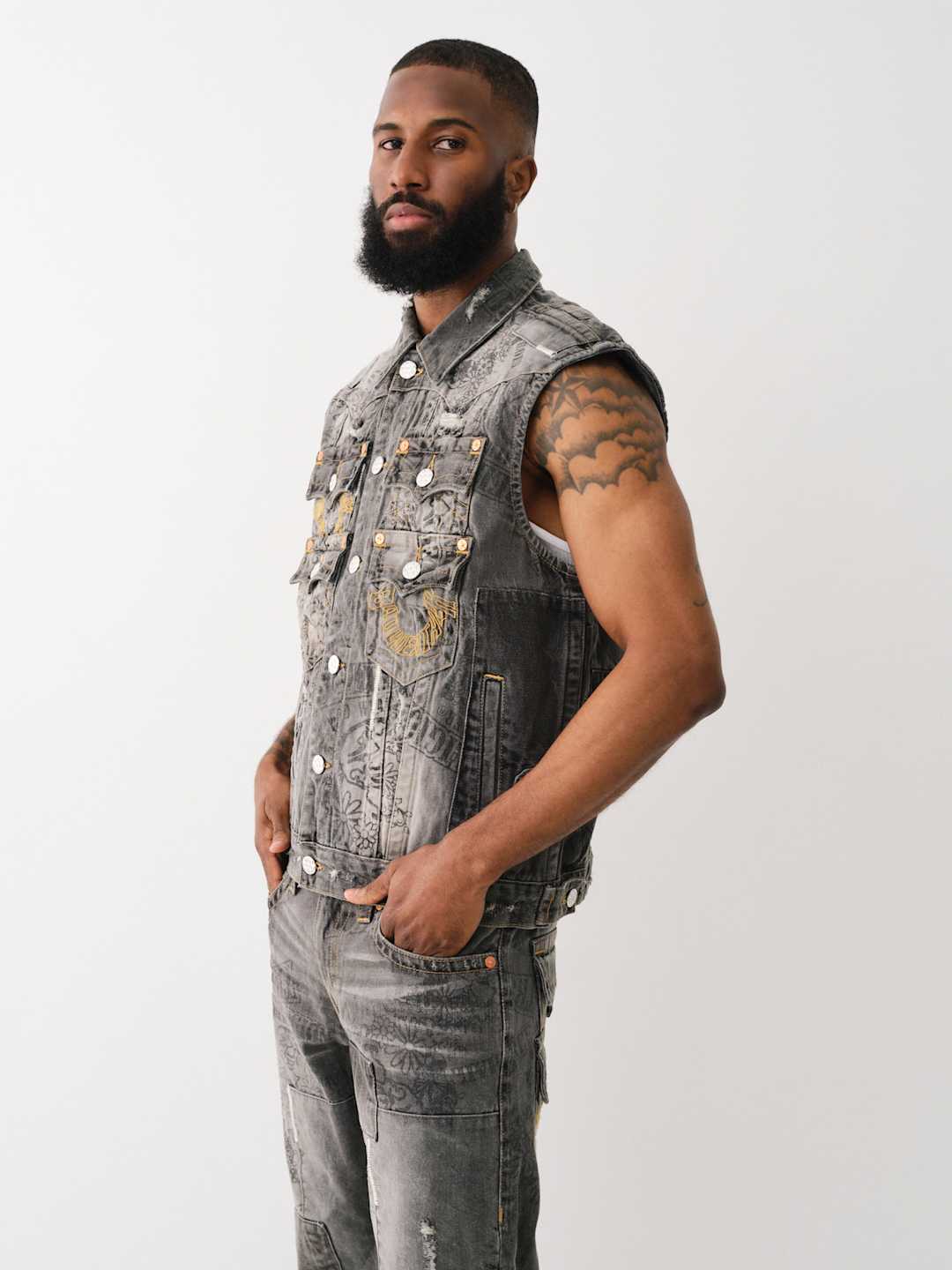 True Religion Denim Pocket Vest Stack Rips Grey Wash