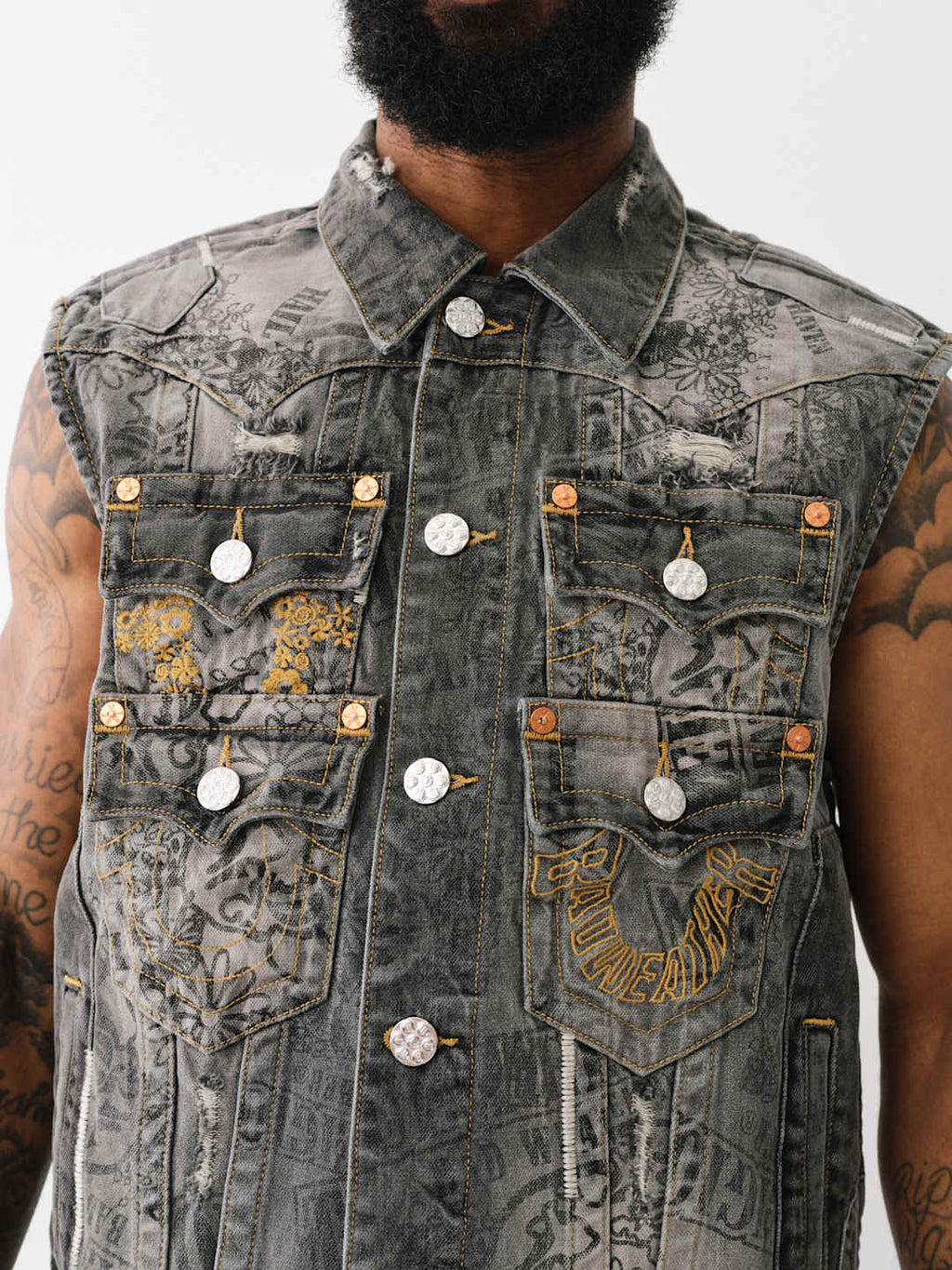 True Religion Denim Pocket Vest Stack Rips Grey Wash