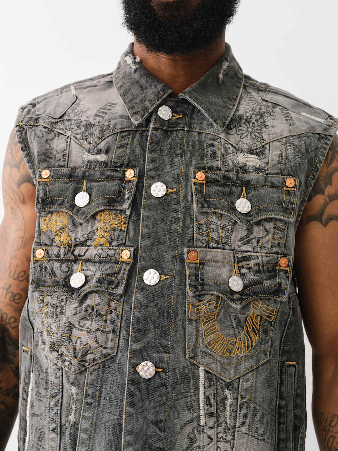 True Religion Denim Pocket Vest Stack Rips Grey Wash