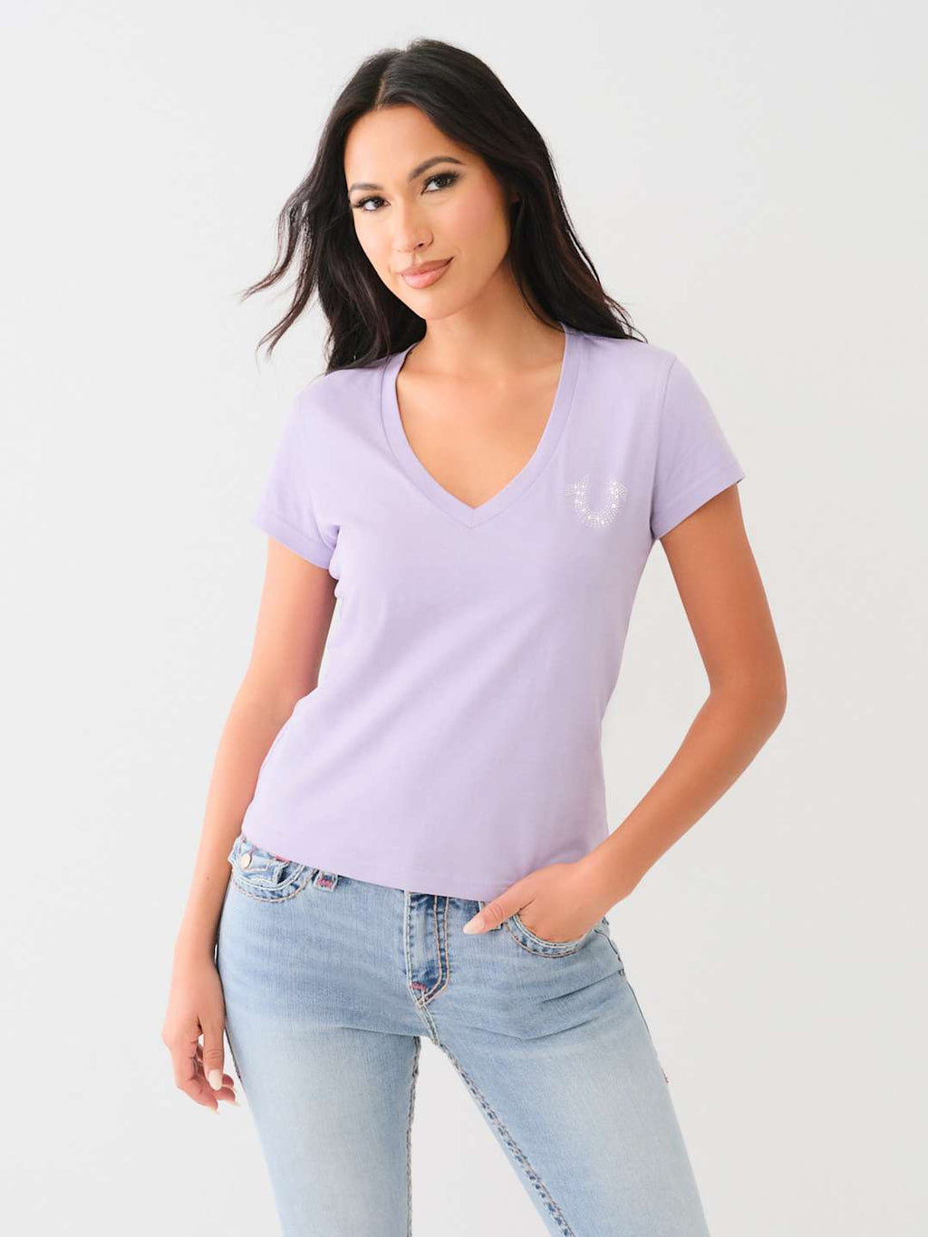 True Religion Crews Studded Horseshoe V Neck Tee Hierloom Lilac