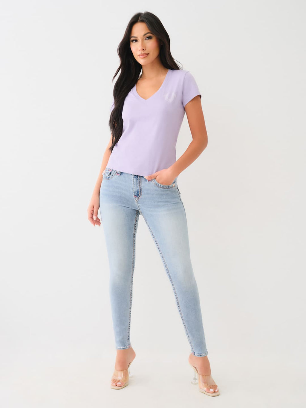 True Religion Crews Studded Horseshoe V Neck Tee Hierloom Lilac