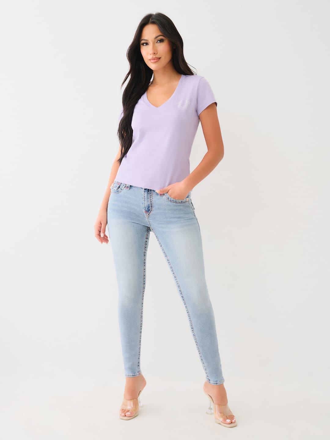 True Religion Crews Studded Horseshoe V Neck Tee Hierloom Lilac