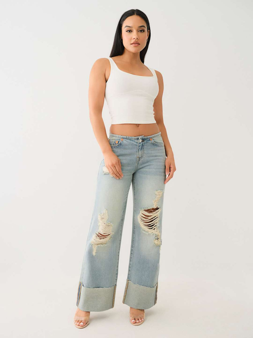 True Religion Jeans Ladies Cuffed Low Slung Baggy Jean Lila With Destroy