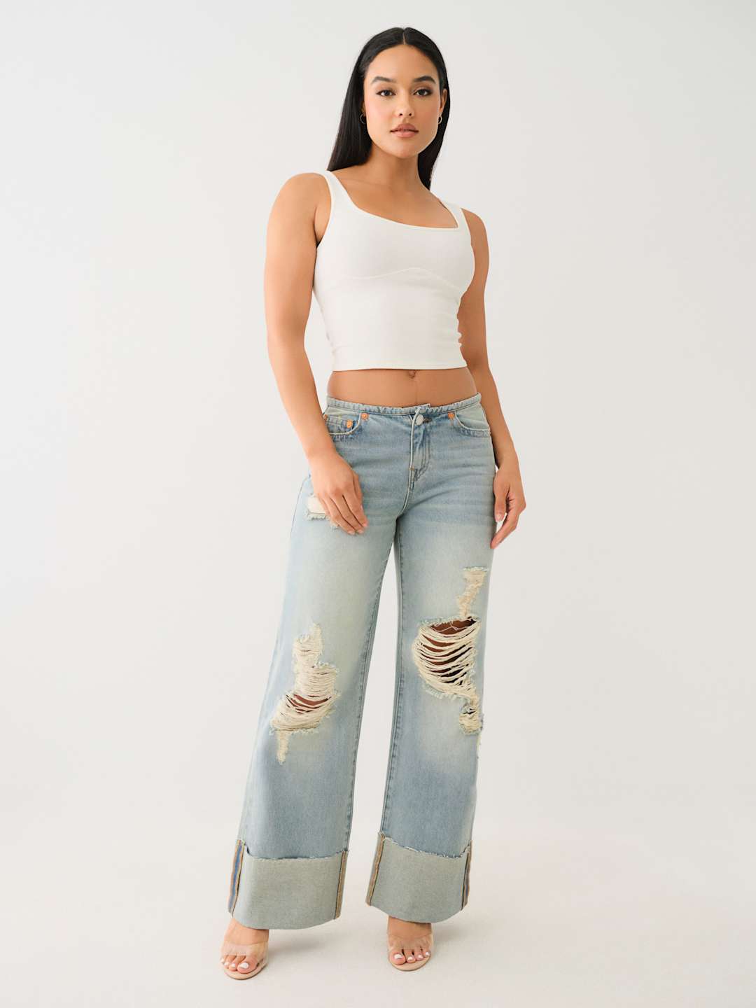 True Religion Jeans Ladies Cuffed Low Slung Baggy Jean Lila With Destroy