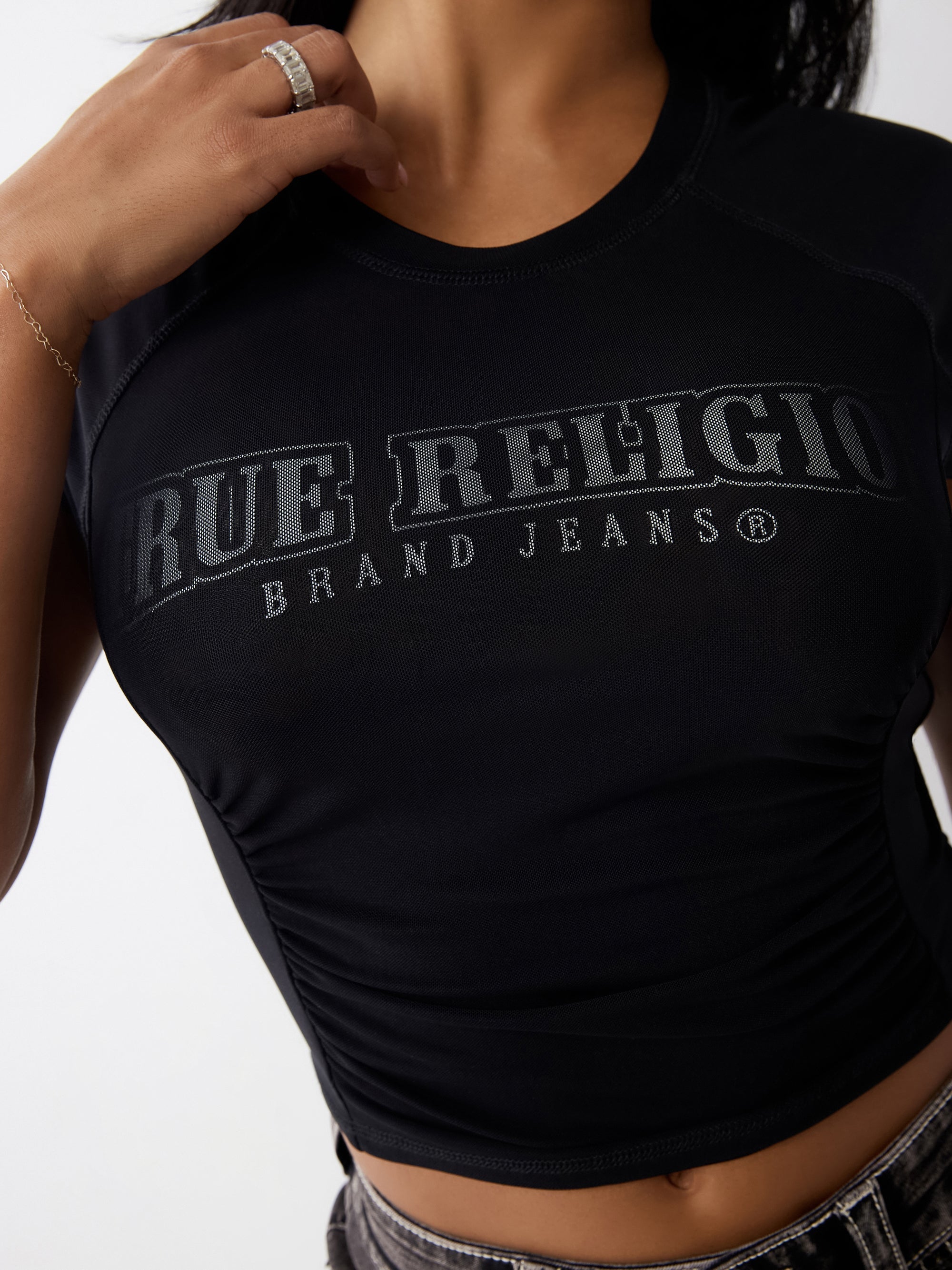 True Religion Arched Logo Mesh Layered Top Jet Black