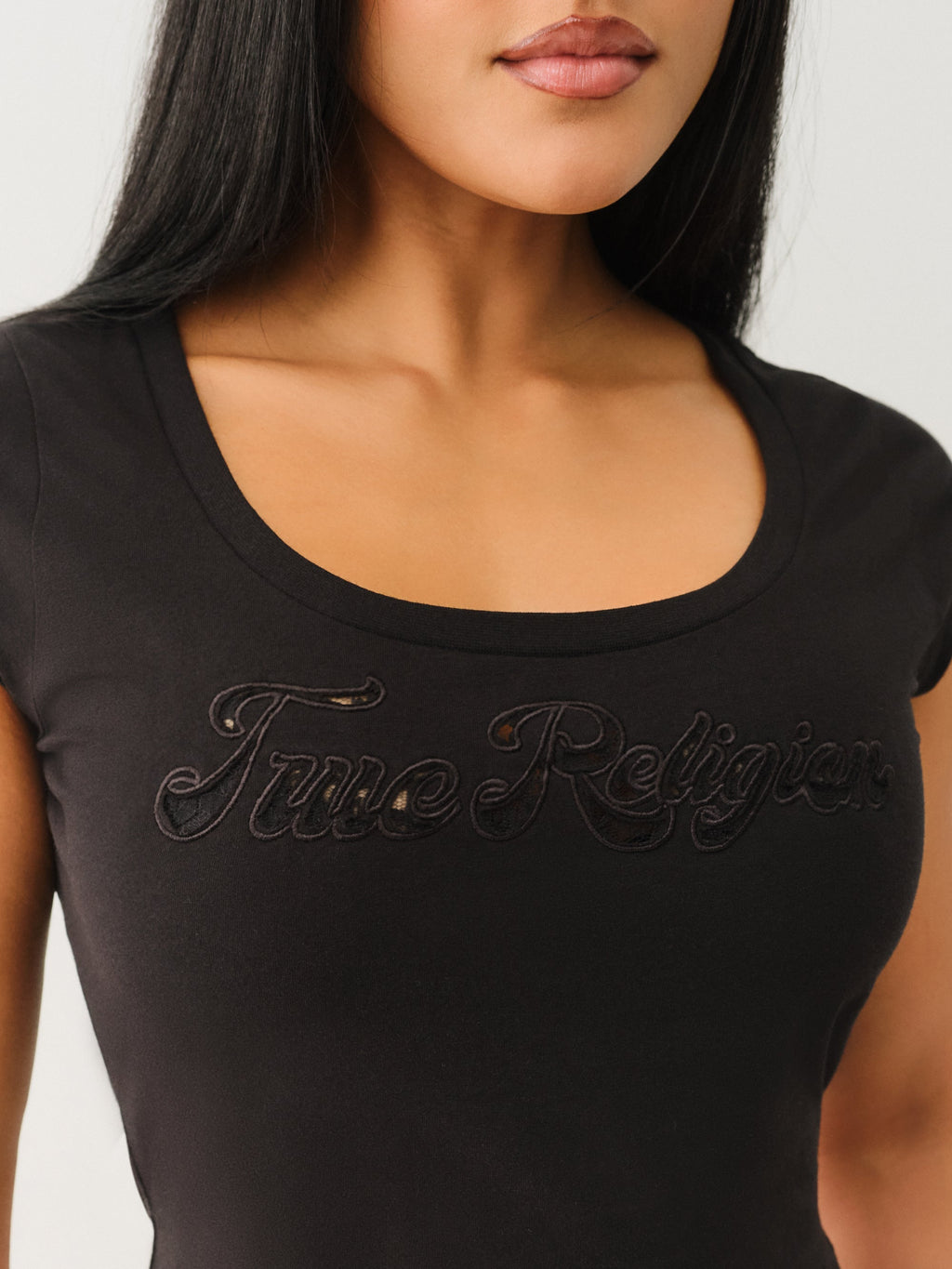True Religion Lace Cap Scoop Neck Tee Jet Black