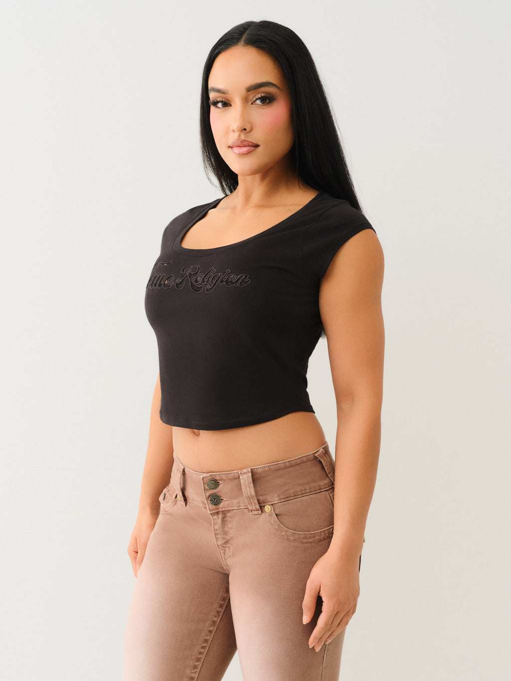 True Religion Lace Cap Scoop Neck Tee Jet Black