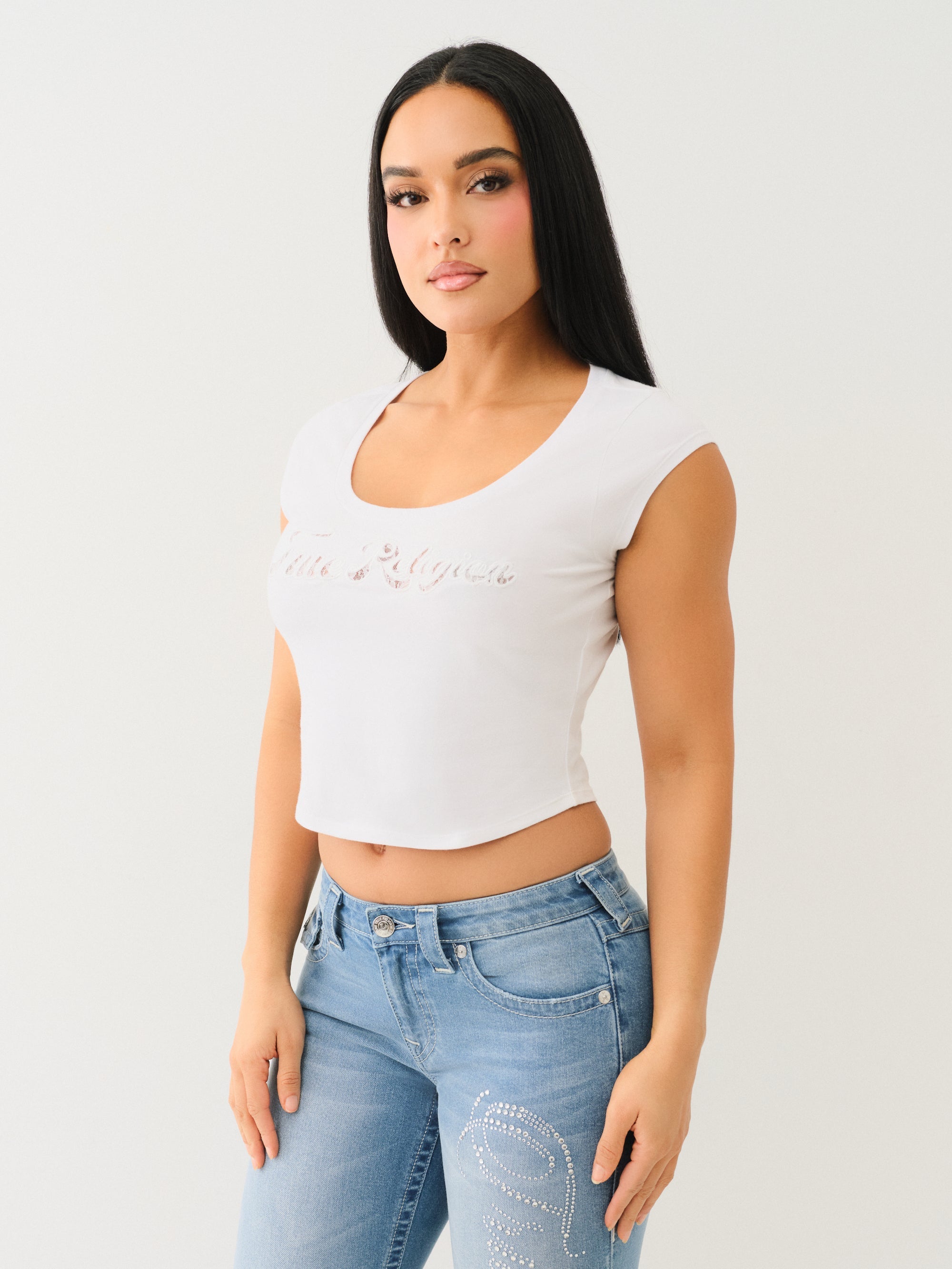 True Religion Lace Cap Scoop Neck Tee Optic White