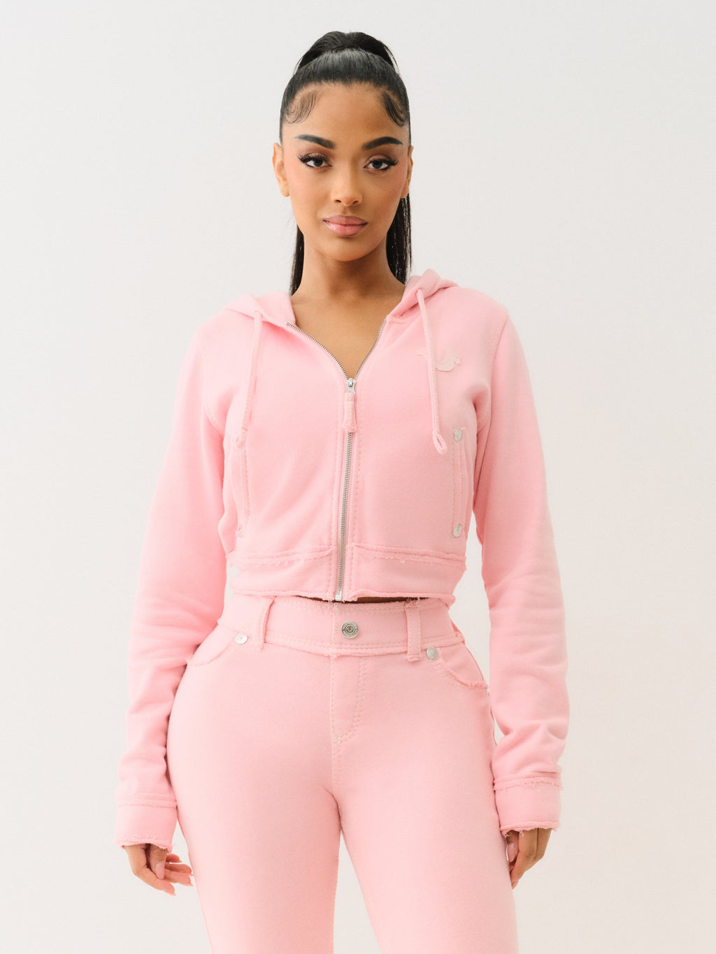 True Religion Raw Edge Big T Shrunken Hoodie Candy Pink