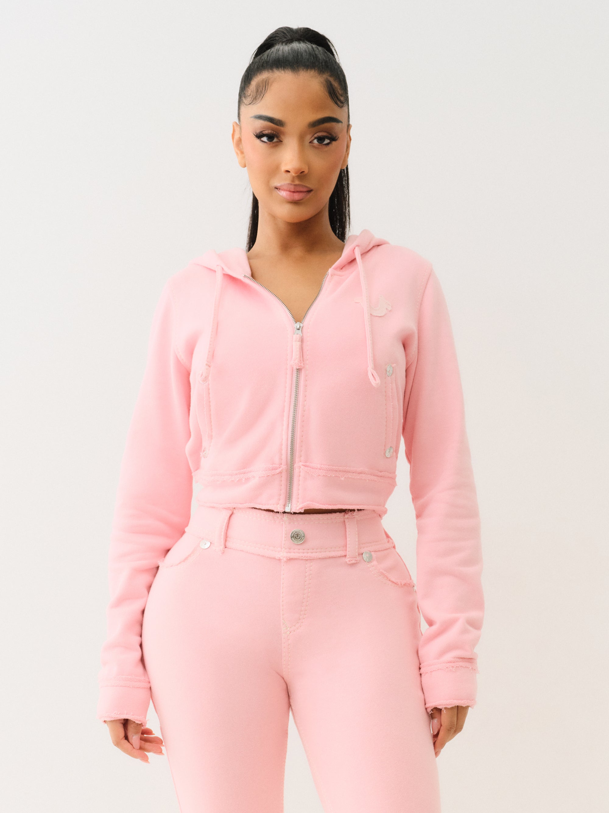 True Religion Raw Edge Big T Shrunken Hoodie Candy Pink