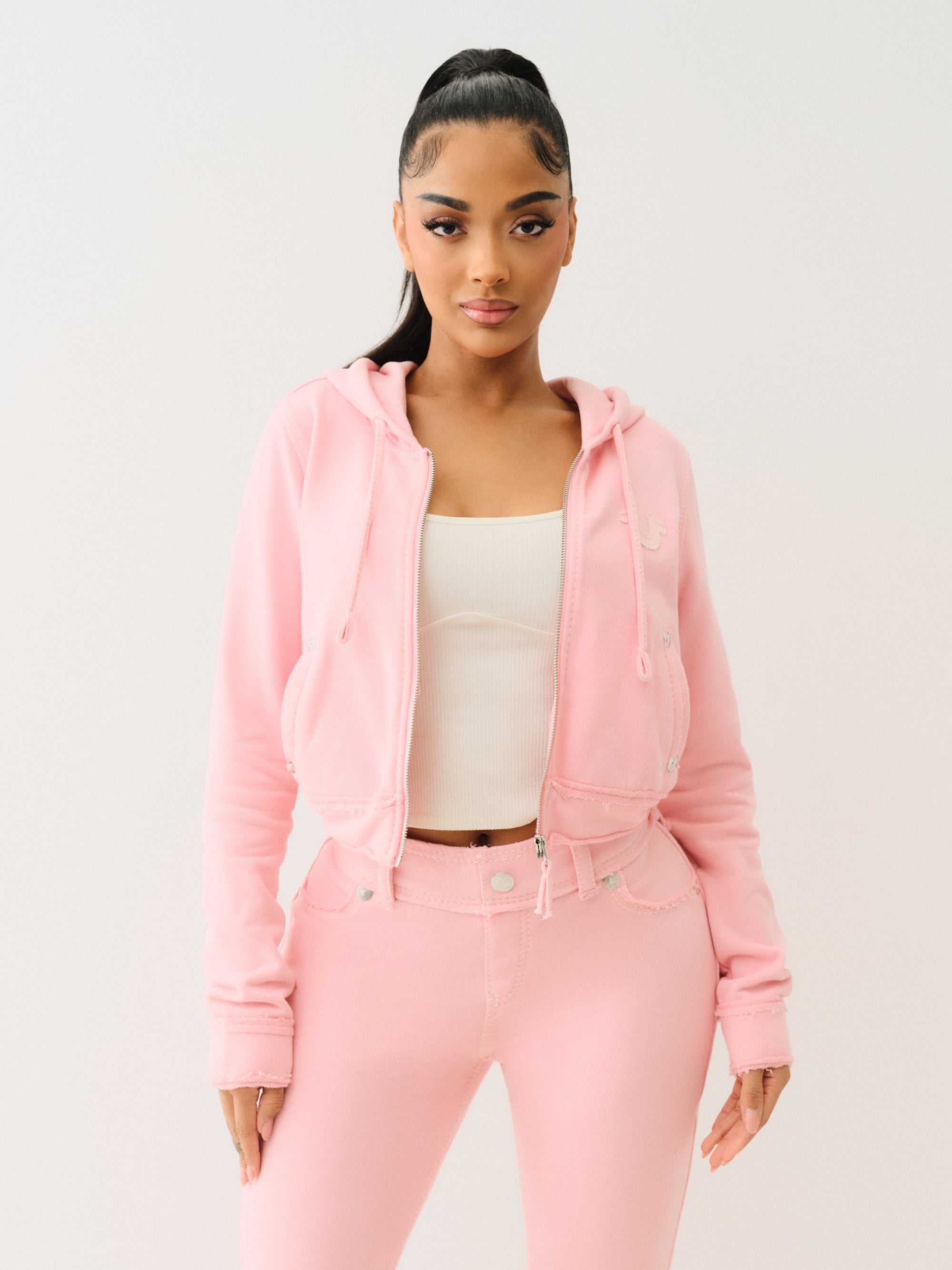 True Religion Raw Edge Big T Shrunken Hoodie Candy Pink