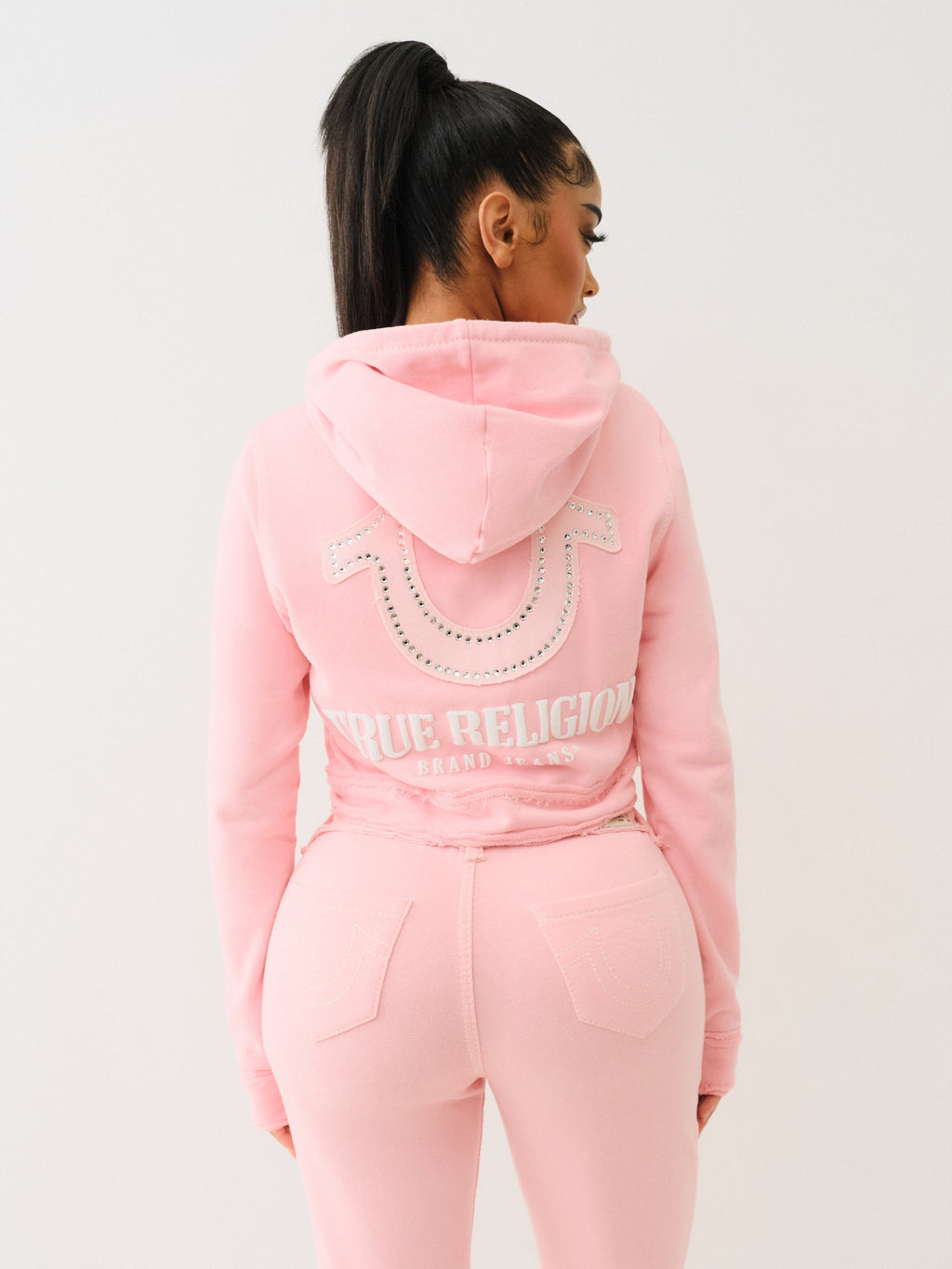 True Religion Raw Edge Big T Shrunken Hoodie Candy Pink