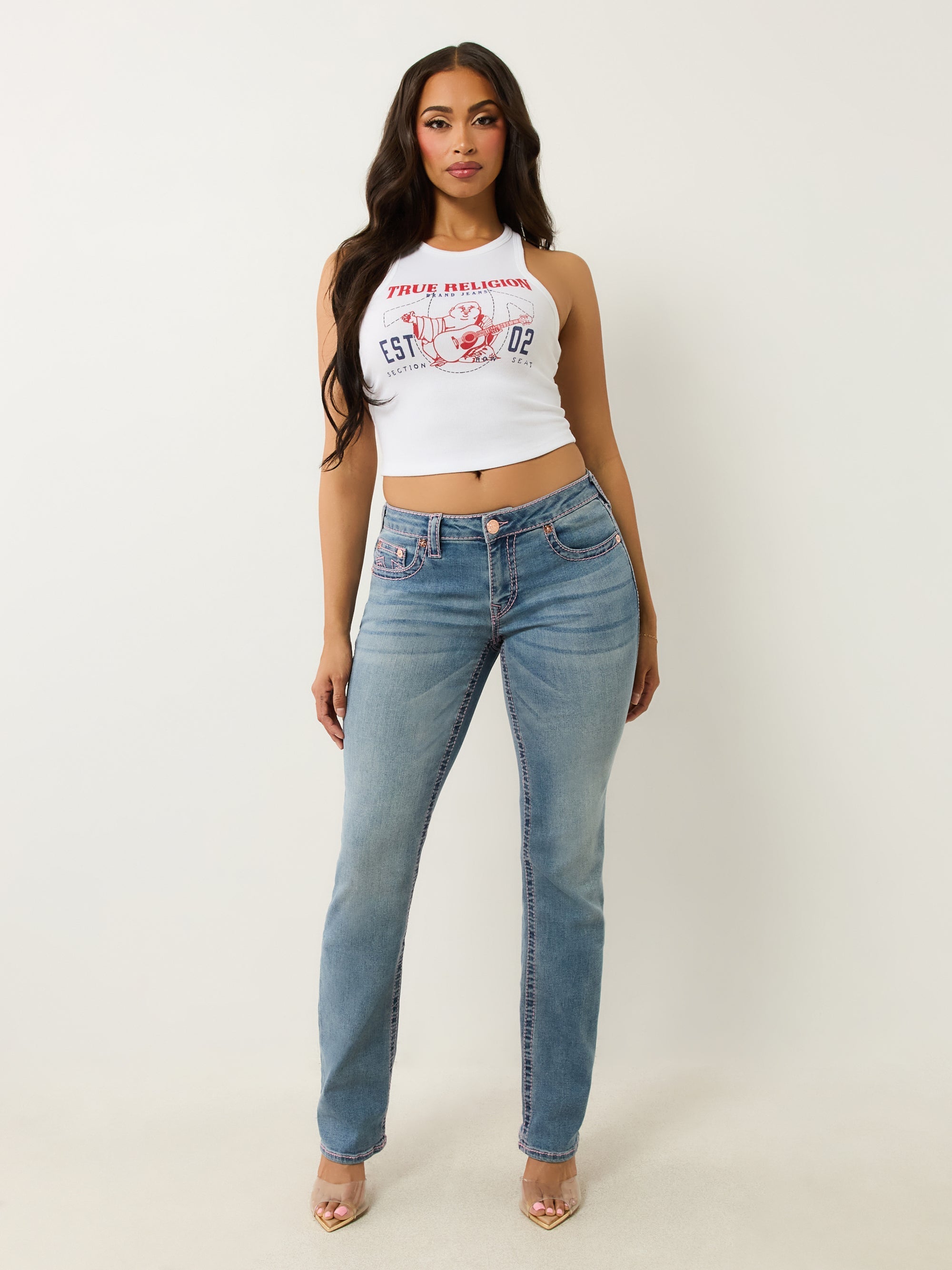 True Religion Billie Mid Rise Straight Big T California Poppy