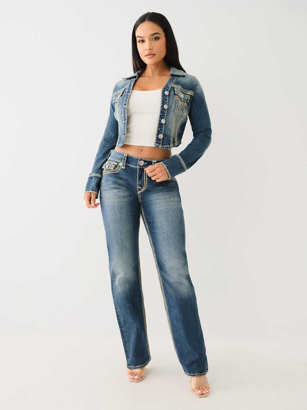 True Religion Jeans Ladies Super QT Lurex Denim Jacket Dark Wash