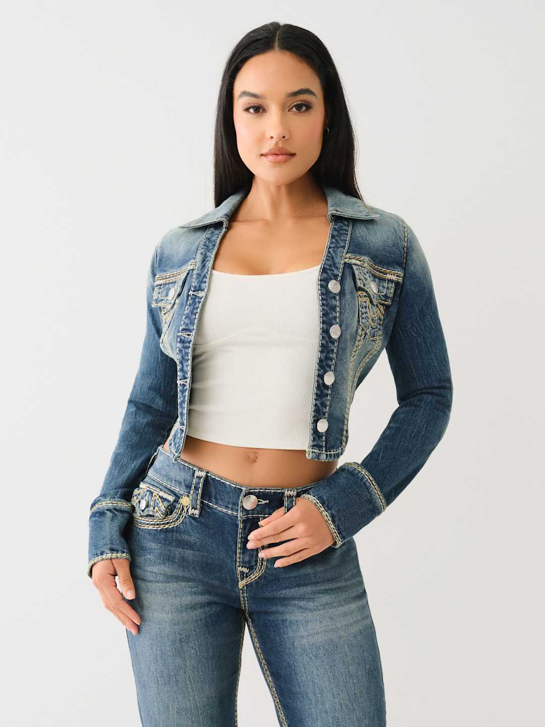 True Religion Jeans Ladies Super QT Lurex Denim Jacket Dark Wash