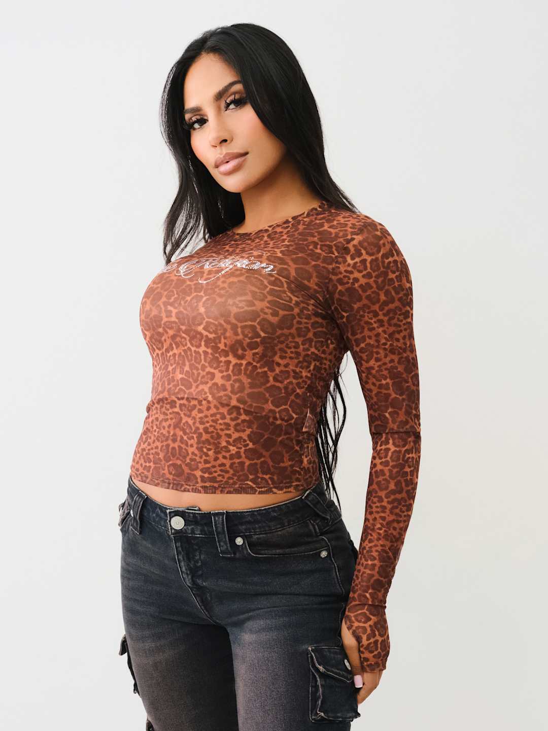 True Religion Crew LS Leopard Crystal Top Leopard Print