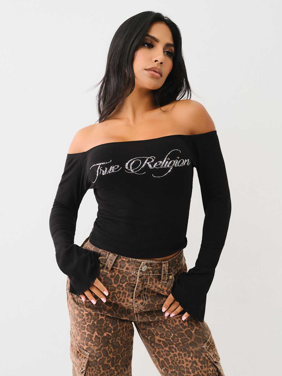 True Religion Crew Off The Shoulder Rib Top Jet Black