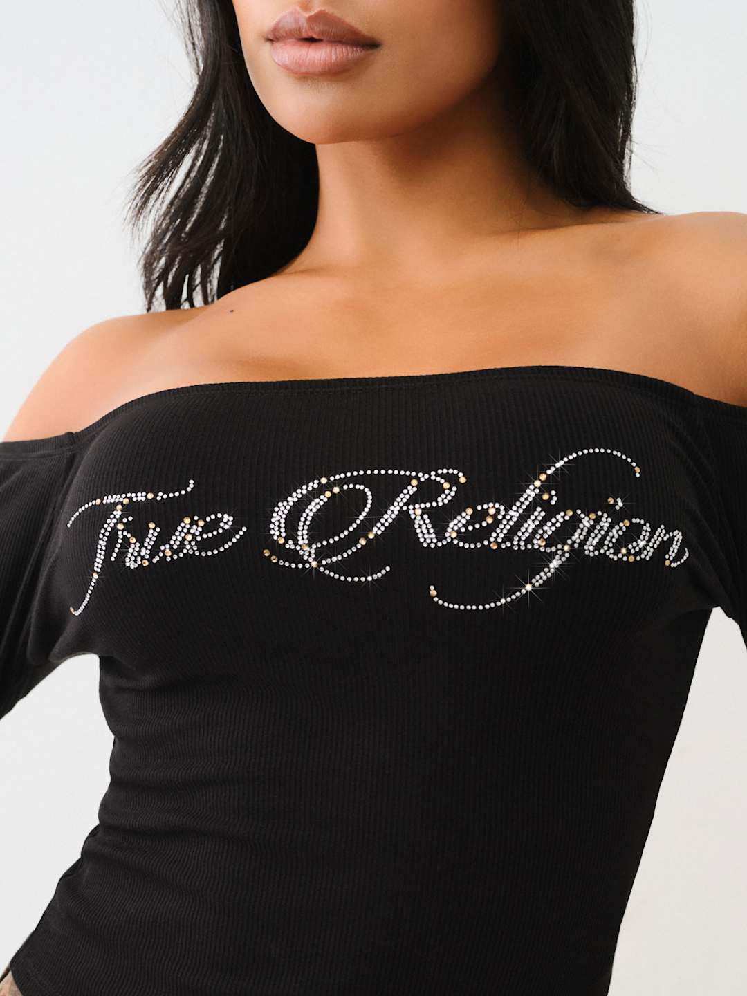 True Religion Crew Off The Shoulder Rib Top Jet Black