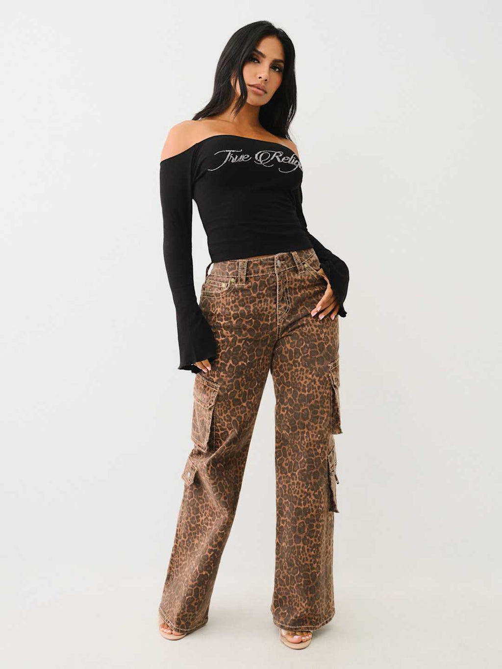 True Religion Crew Off The Shoulder Rib Top Jet Black