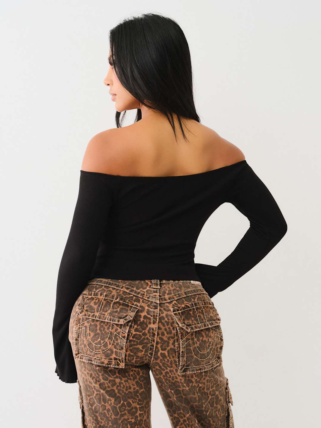 True Religion Crew Off The Shoulder Rib Top Jet Black