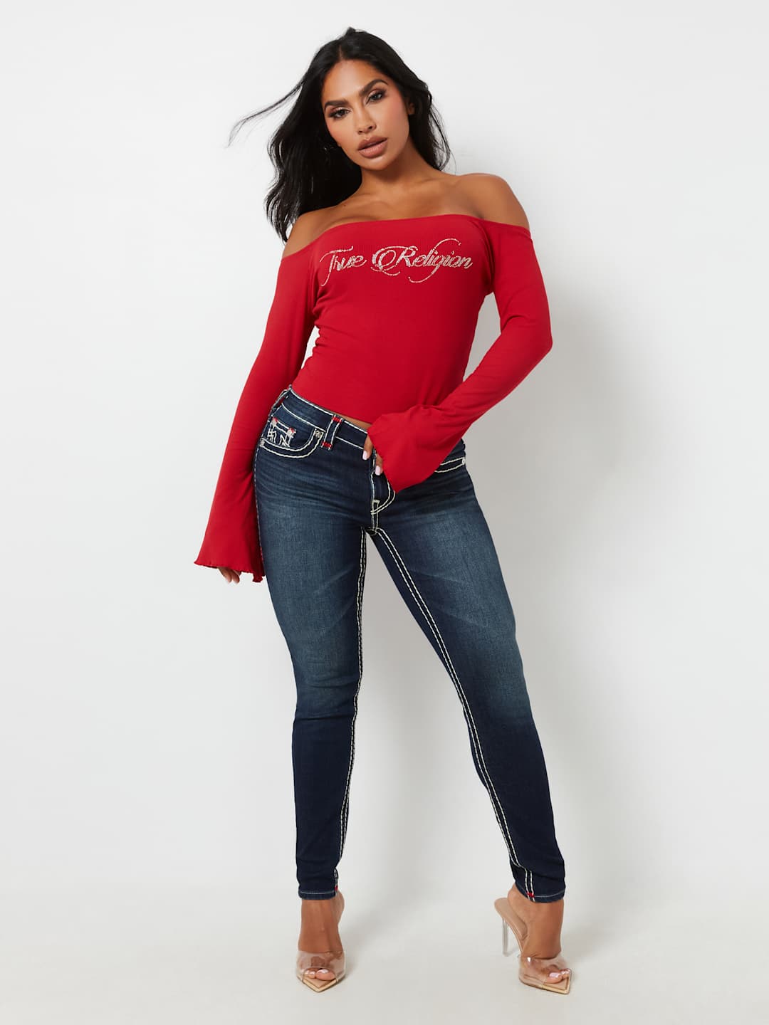 True Religion Crew Off The Shoulder Rib Top Apple Red