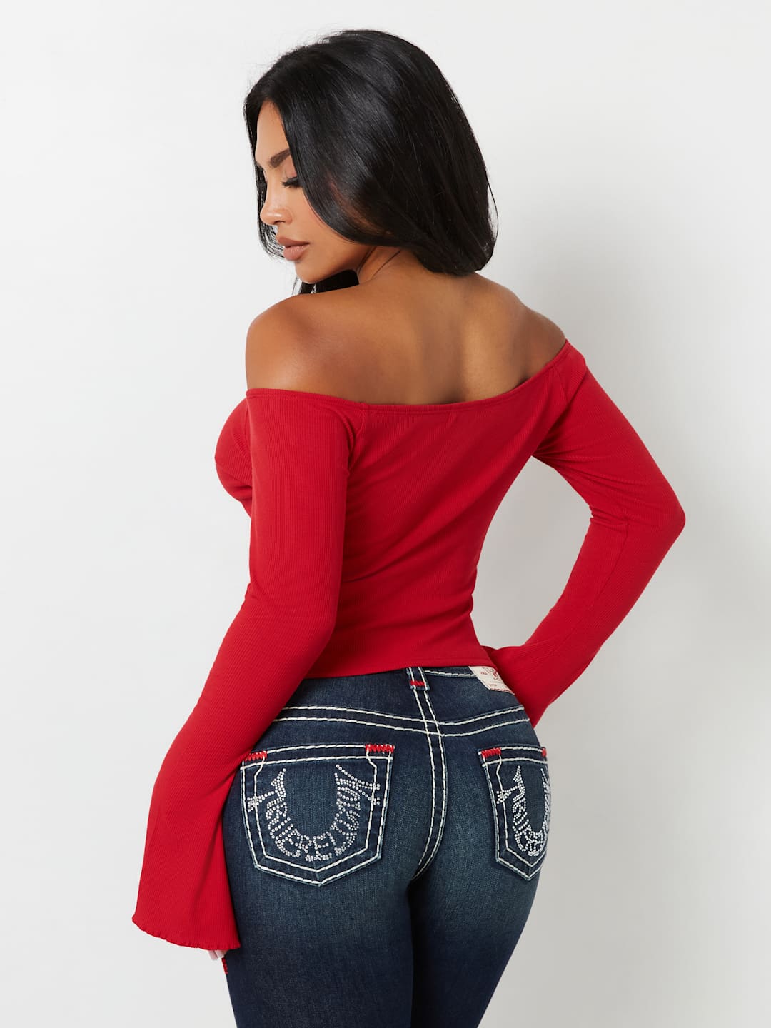 True Religion Crew Off The Shoulder Rib Top Apple Red