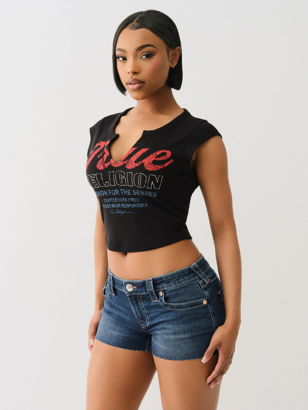 True Religion Vintage Tr V Notch Rib Top Jet Black