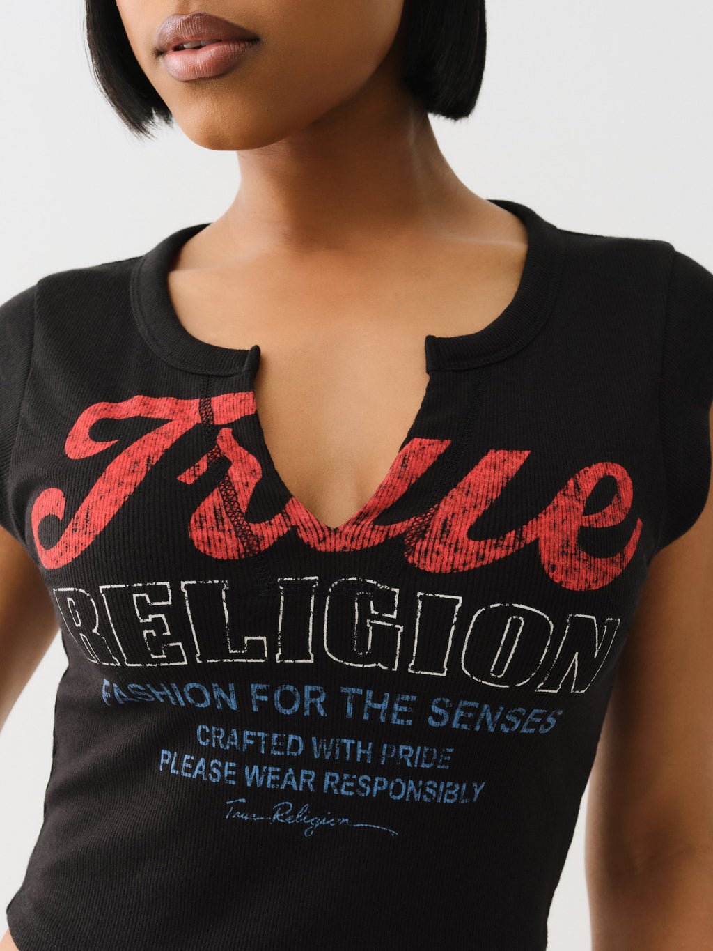 True Religion Vintage Tr V Notch Rib Top Jet Black