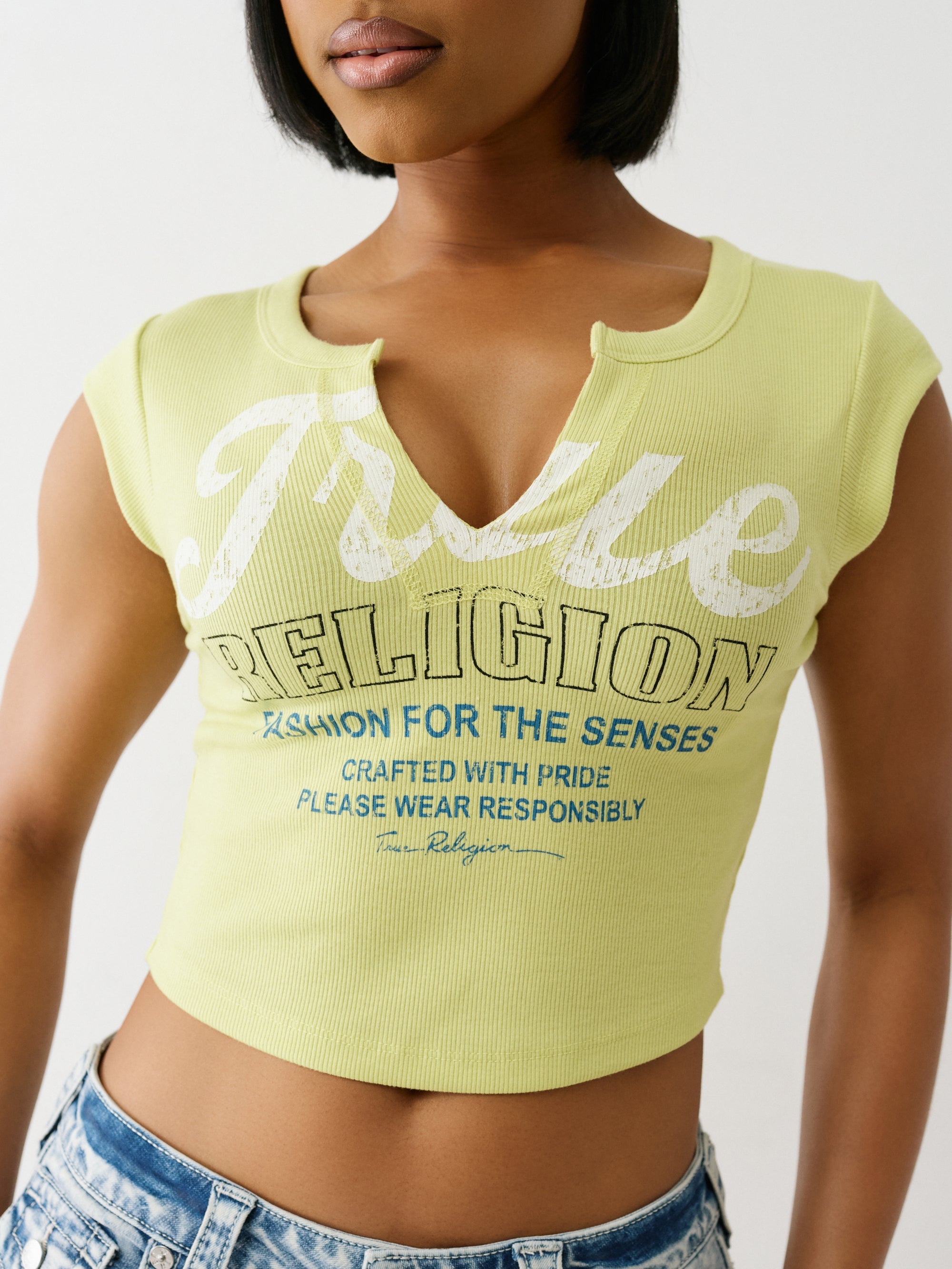 True Religion Vintage Tr V Notch Rib Top Daiquiri Green