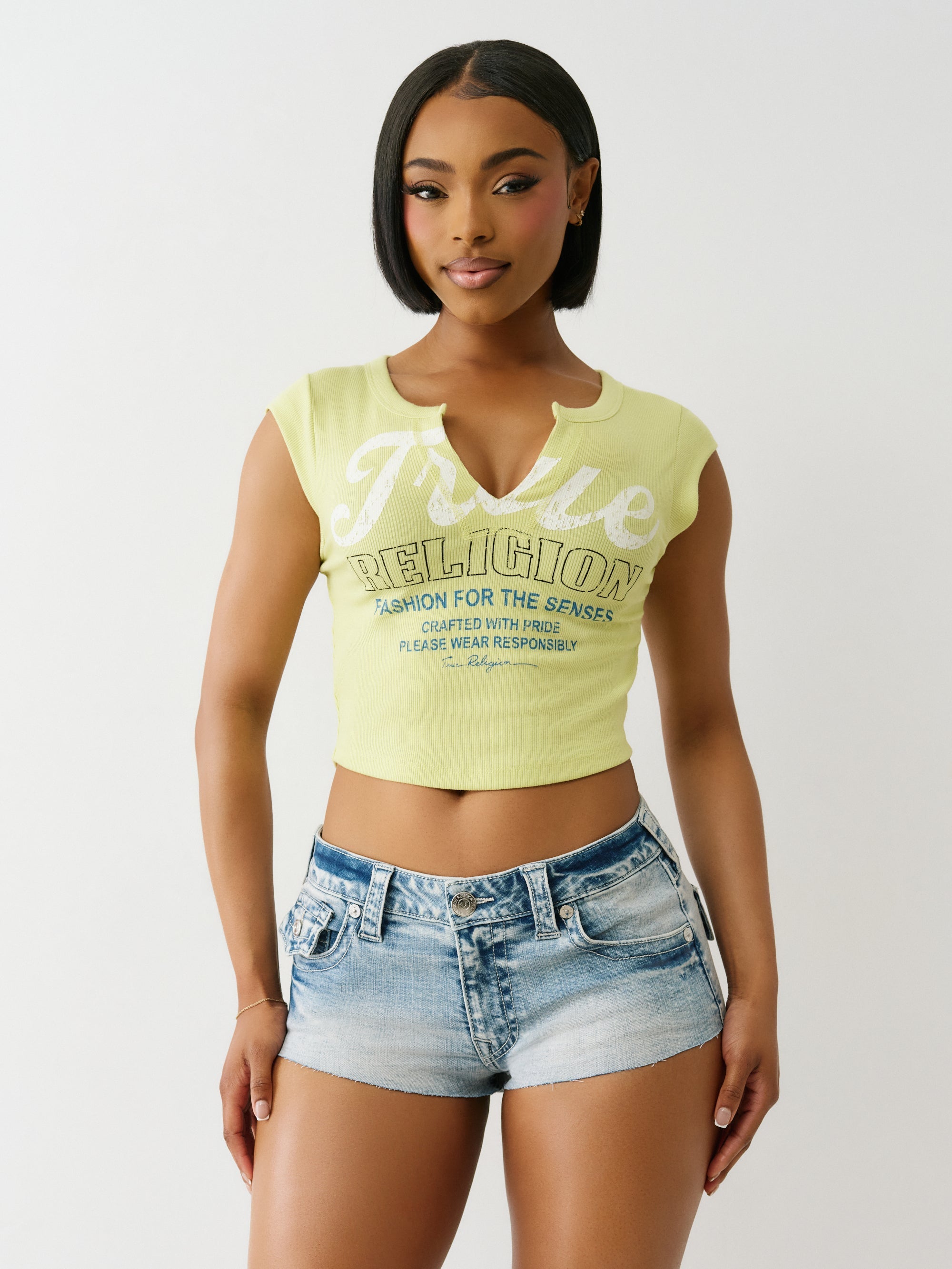 True Religion Vintage Tr V Notch Rib Top Daiquiri Green