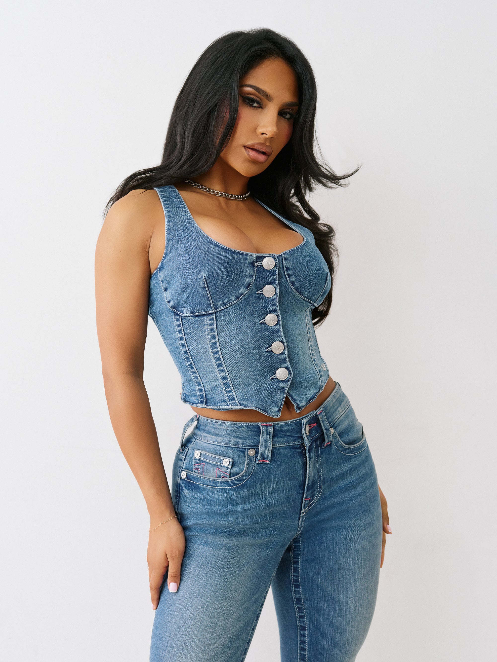 True Religion Scoop Neck Denim Top Royal Indigo