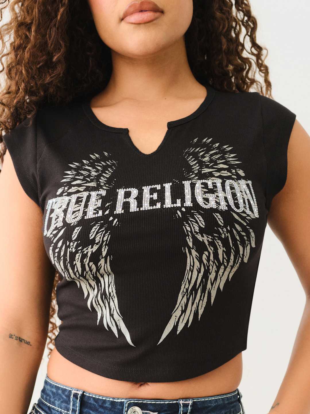 True Religion Crew Crystal Wing HS V Notch Tee Jet Black