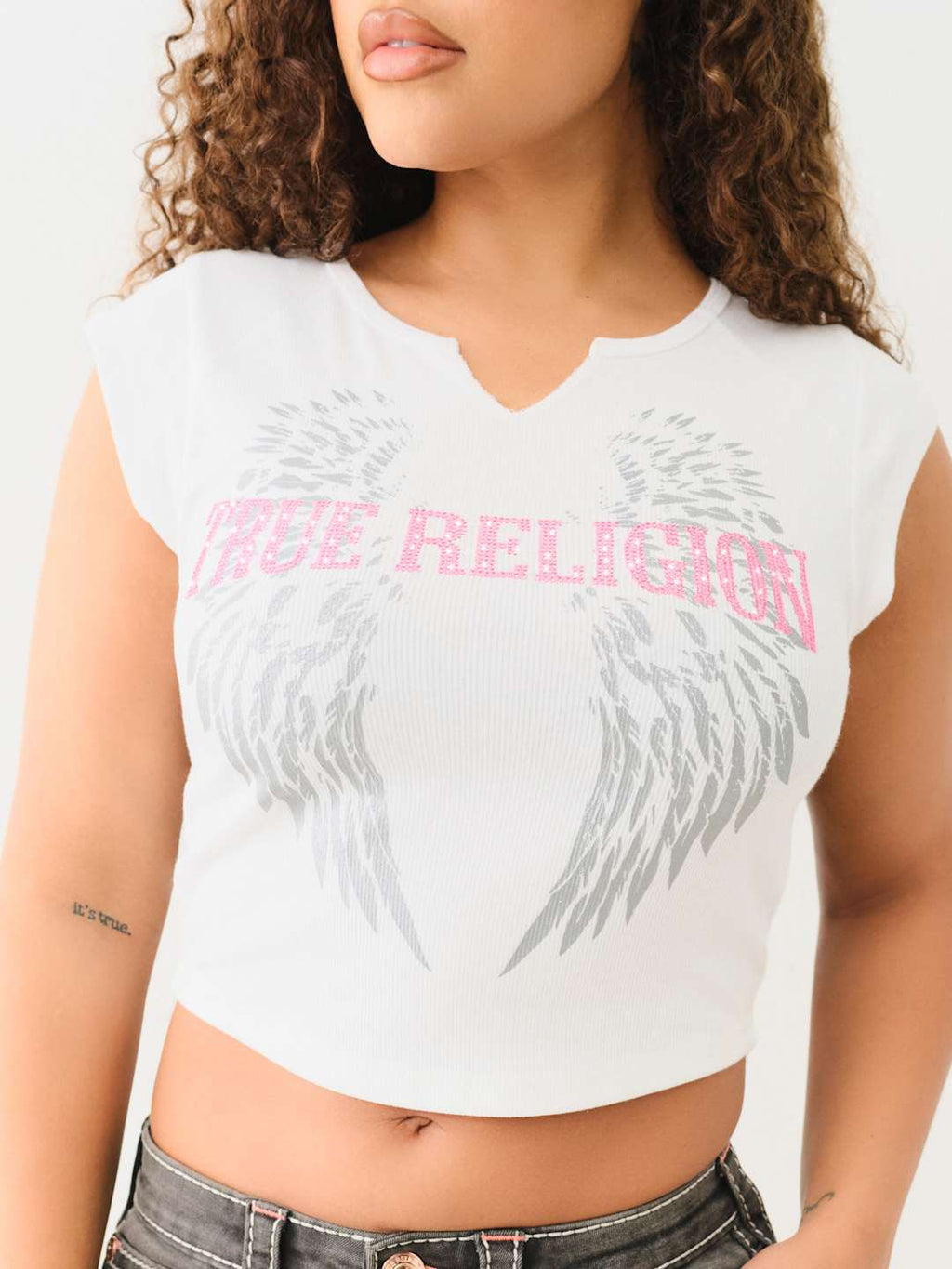True Religion Crew Crystal Wing HS V Notch Tee Optic White