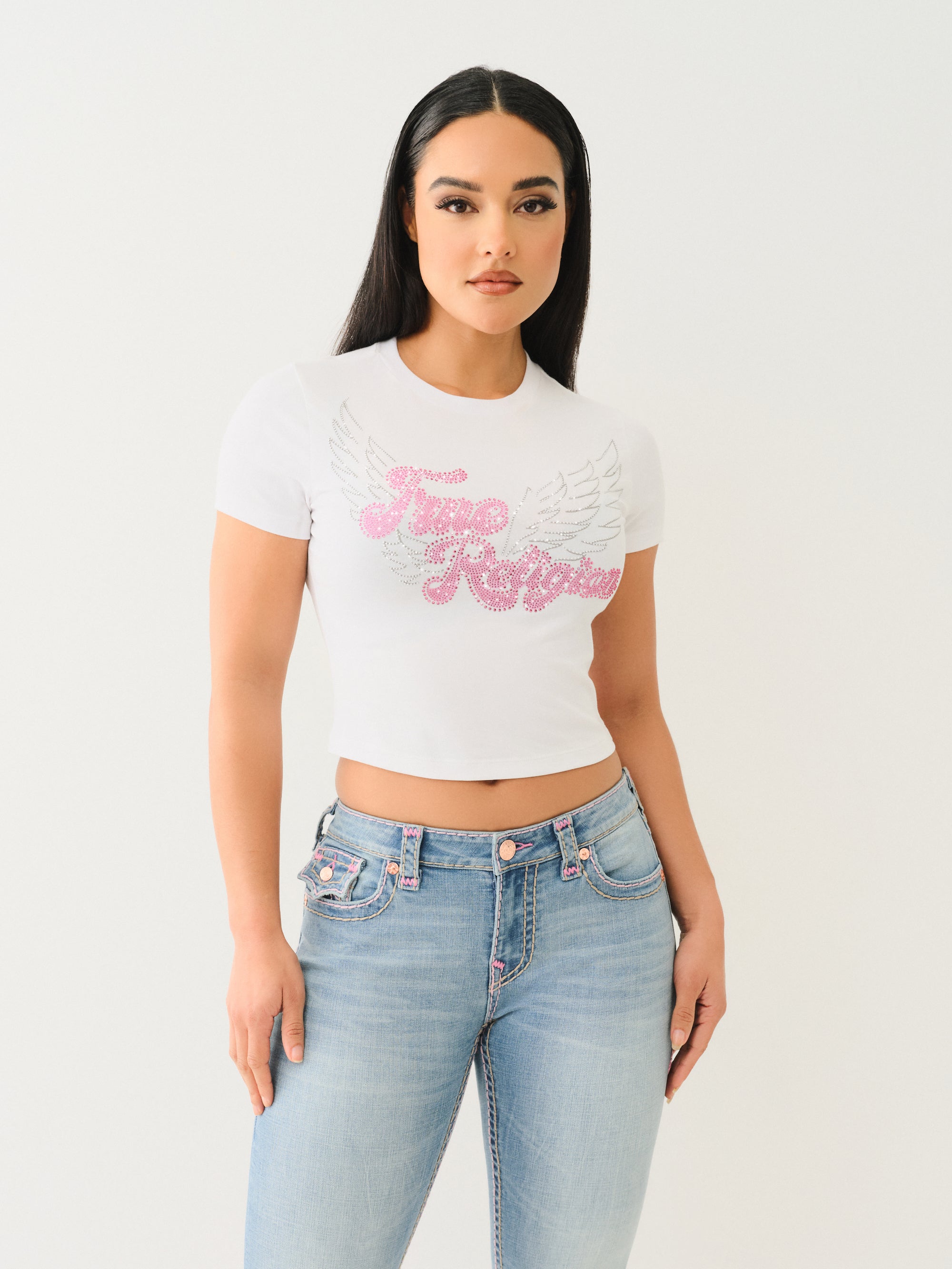 True Religion Crystal Wing Ss Baby Tee Optic White