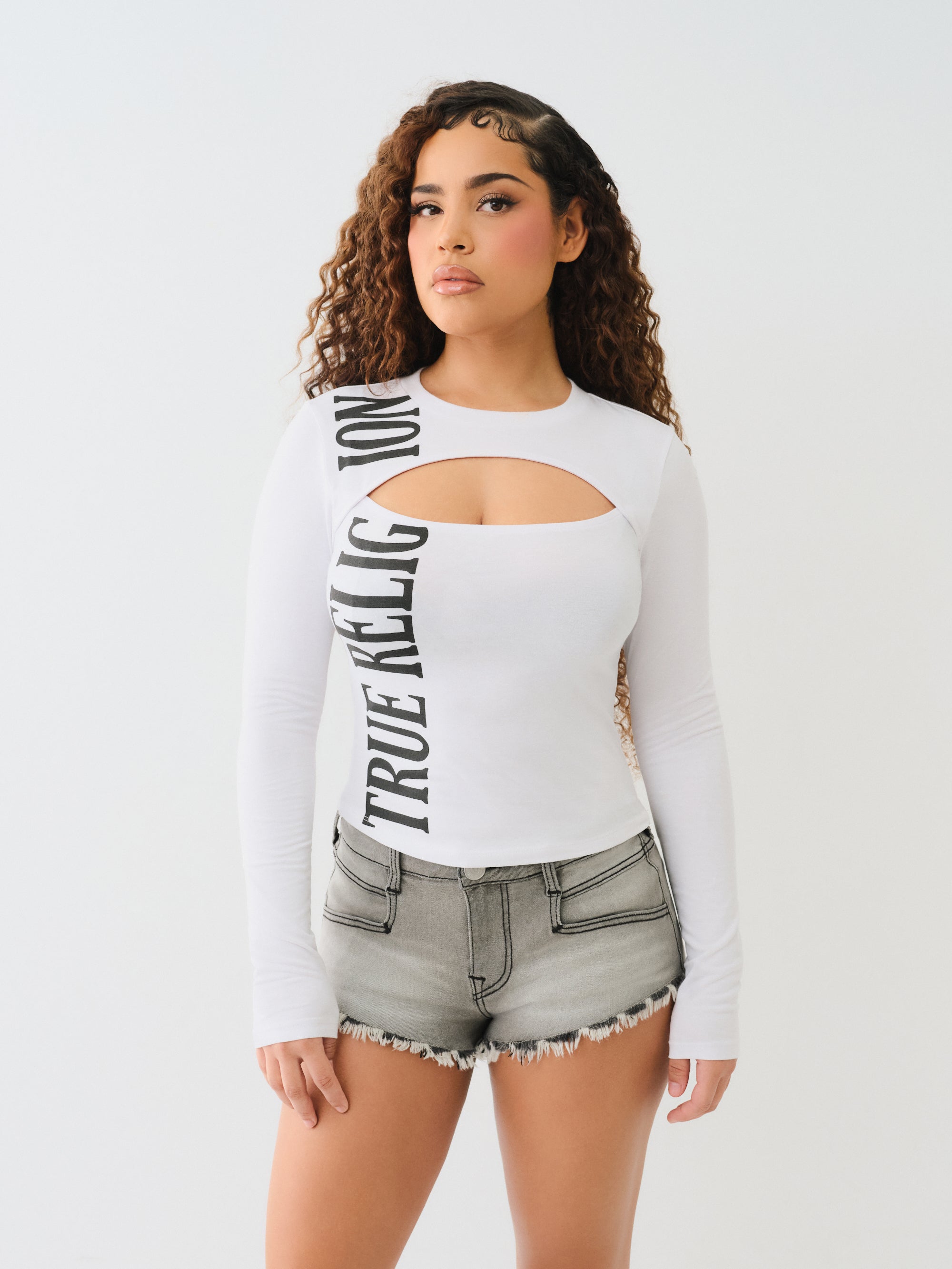 True Religion Printed Tr Keyhole Ls Top Optic White