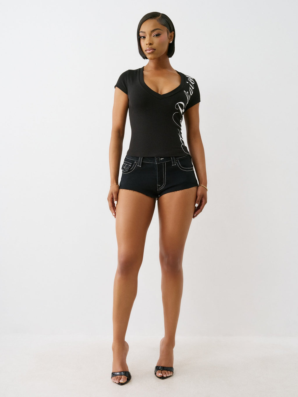 True Religion Rib Cap Sleeve V Neck Top Jet Black