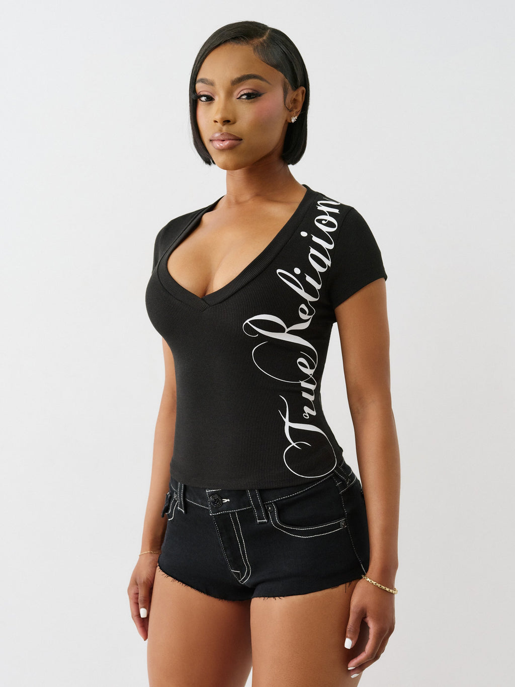 True Religion Rib Cap Sleeve V Neck Top Jet Black