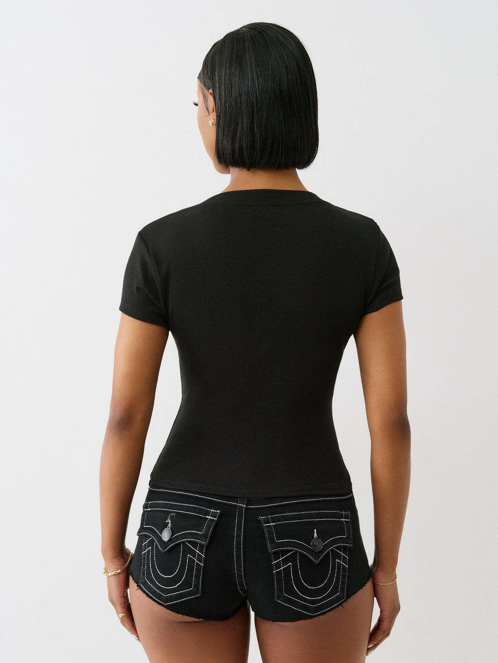 True Religion Rib Cap Sleeve V Neck Top Jet Black