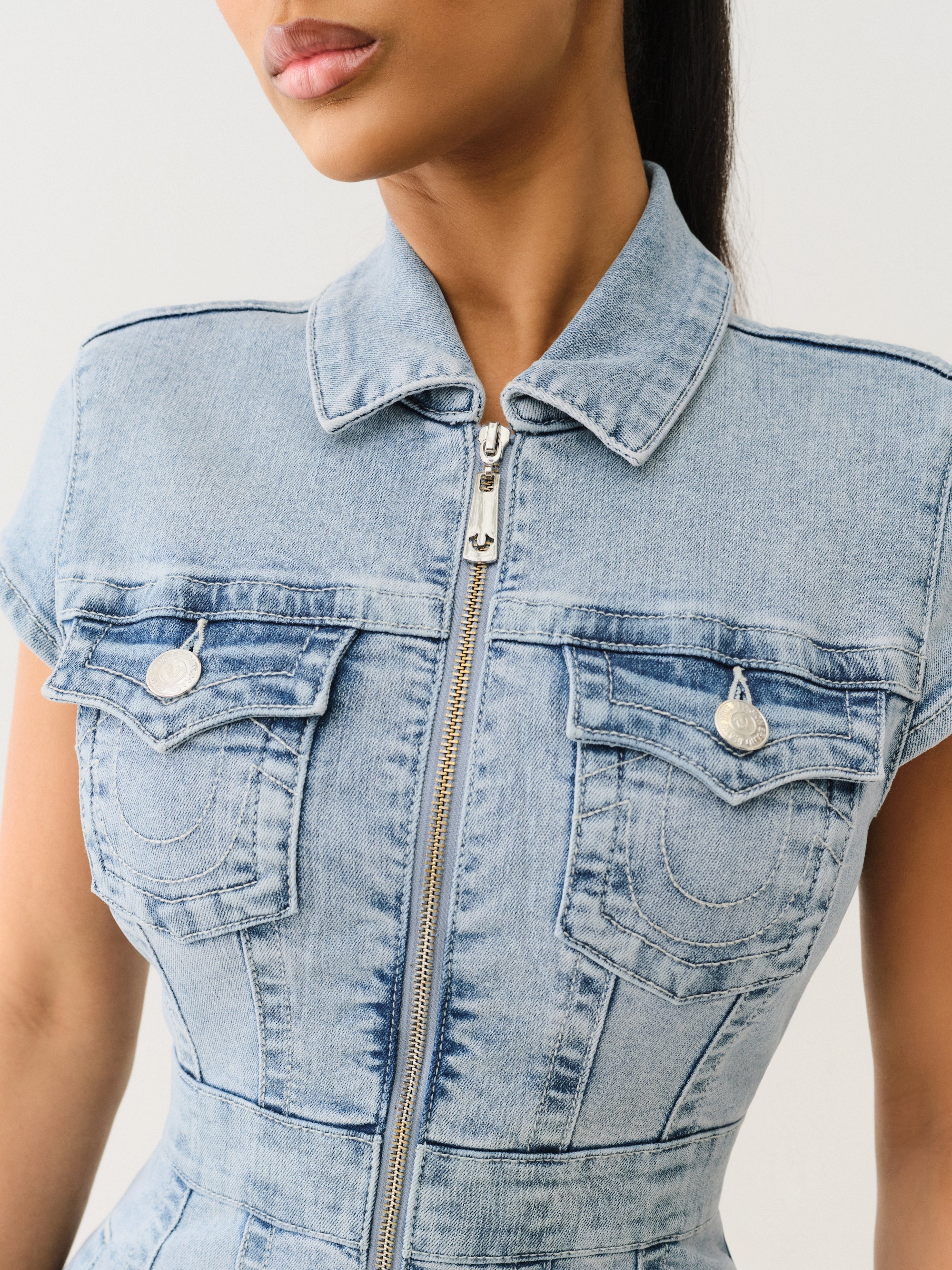 True Religion Zip Front Short Sleeve Dress Luminous Night