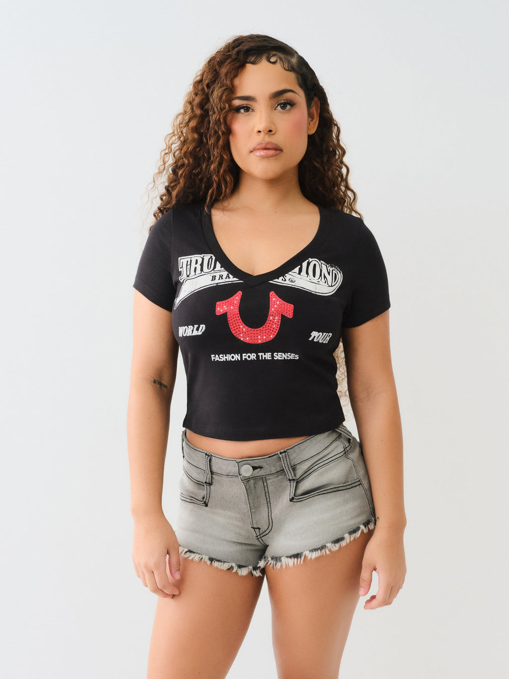 True Religion Crysl Hs V Neck Bby Tee Jet Black