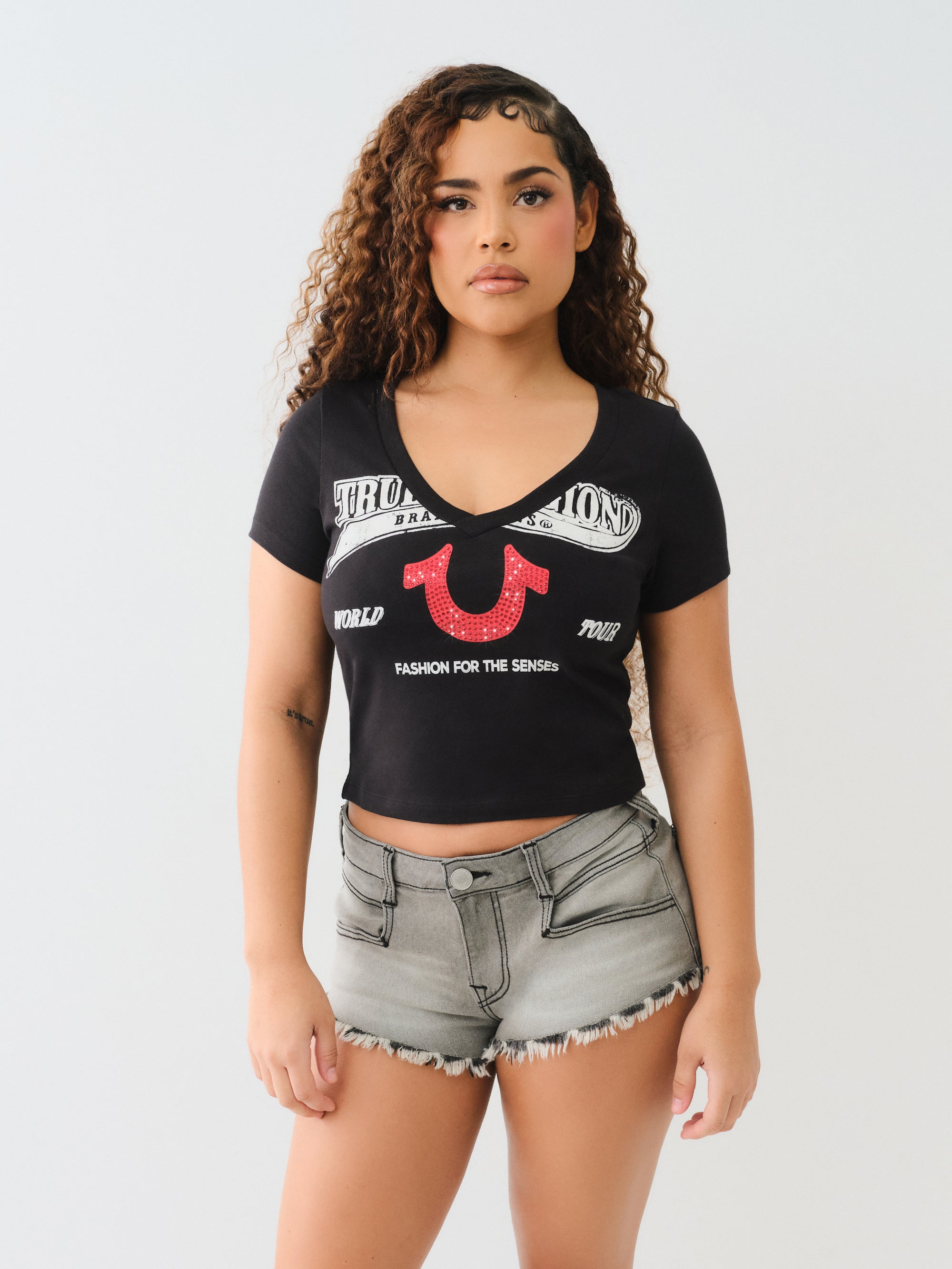 True Religion Crysl Hs V Neck Bby Tee Jet Black
