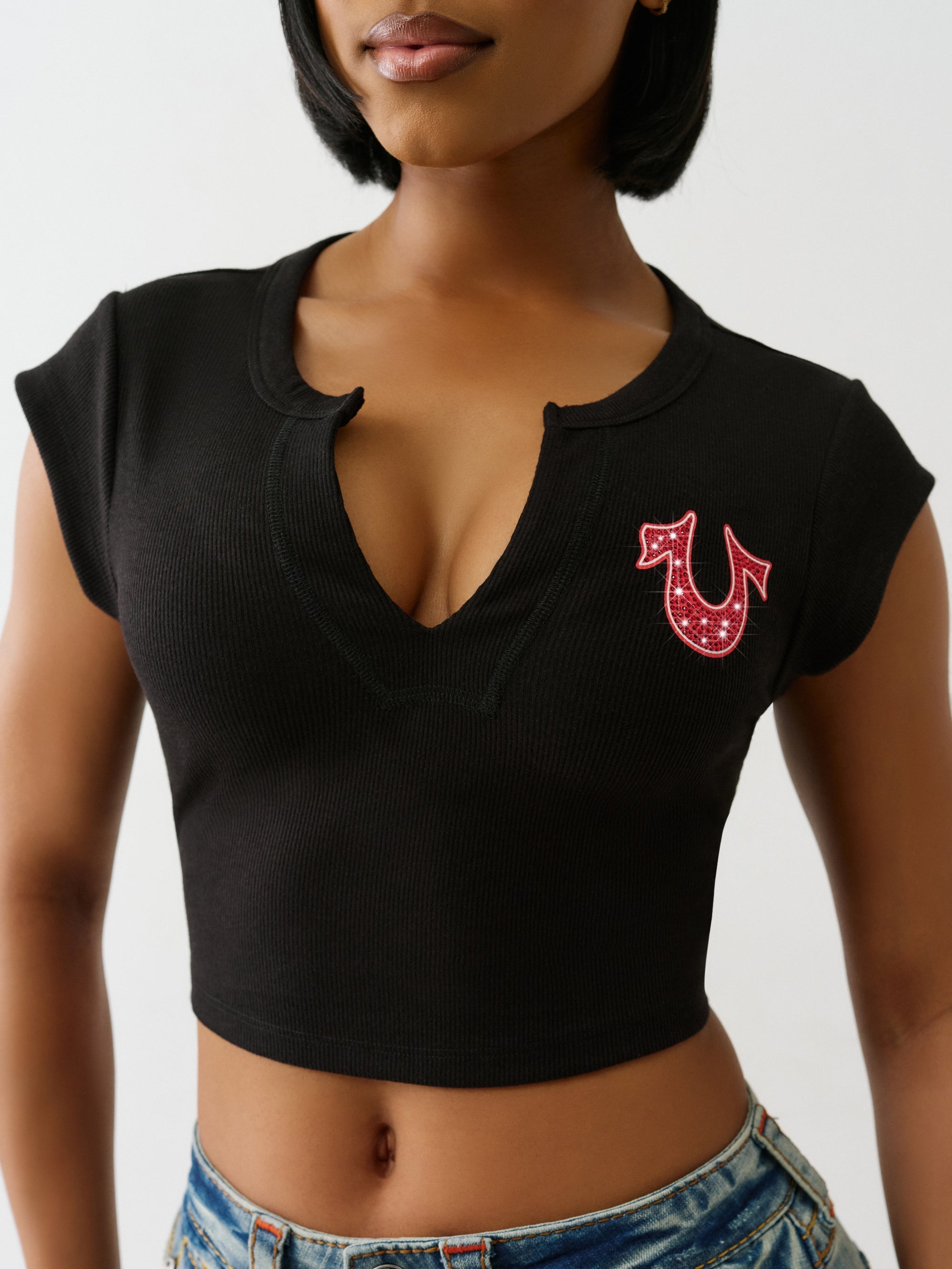 True Religion Crystl Tr Notch Cap Slvs Tee Jet Black