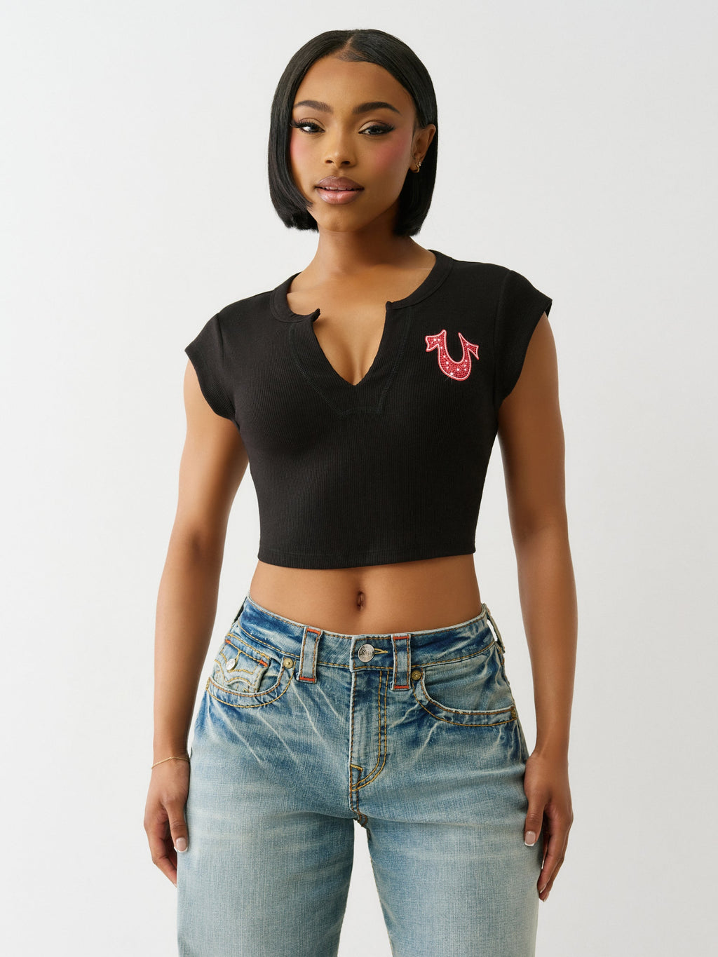 True Religion Crystl Tr Notch Cap Slvs Tee Jet Black
