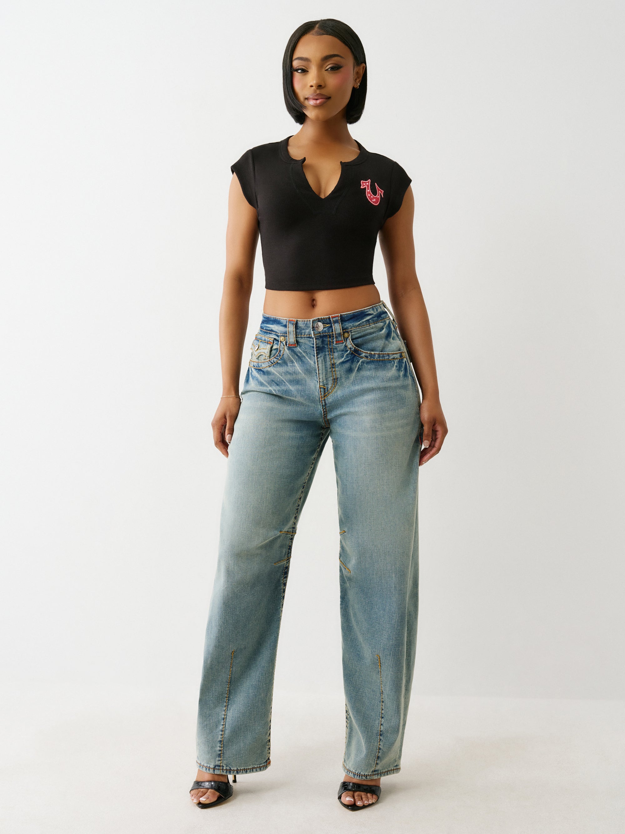 True Religion Crystl Tr Notch Cap Slvs Tee Jet Black