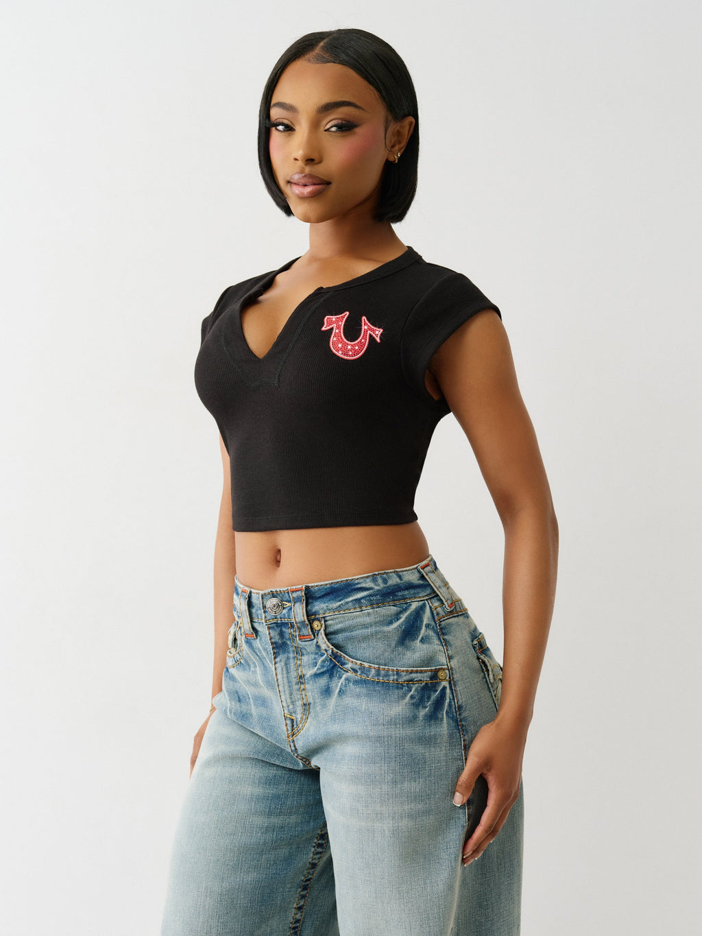 True Religion Crystl Tr Notch Cap Slvs Tee Jet Black