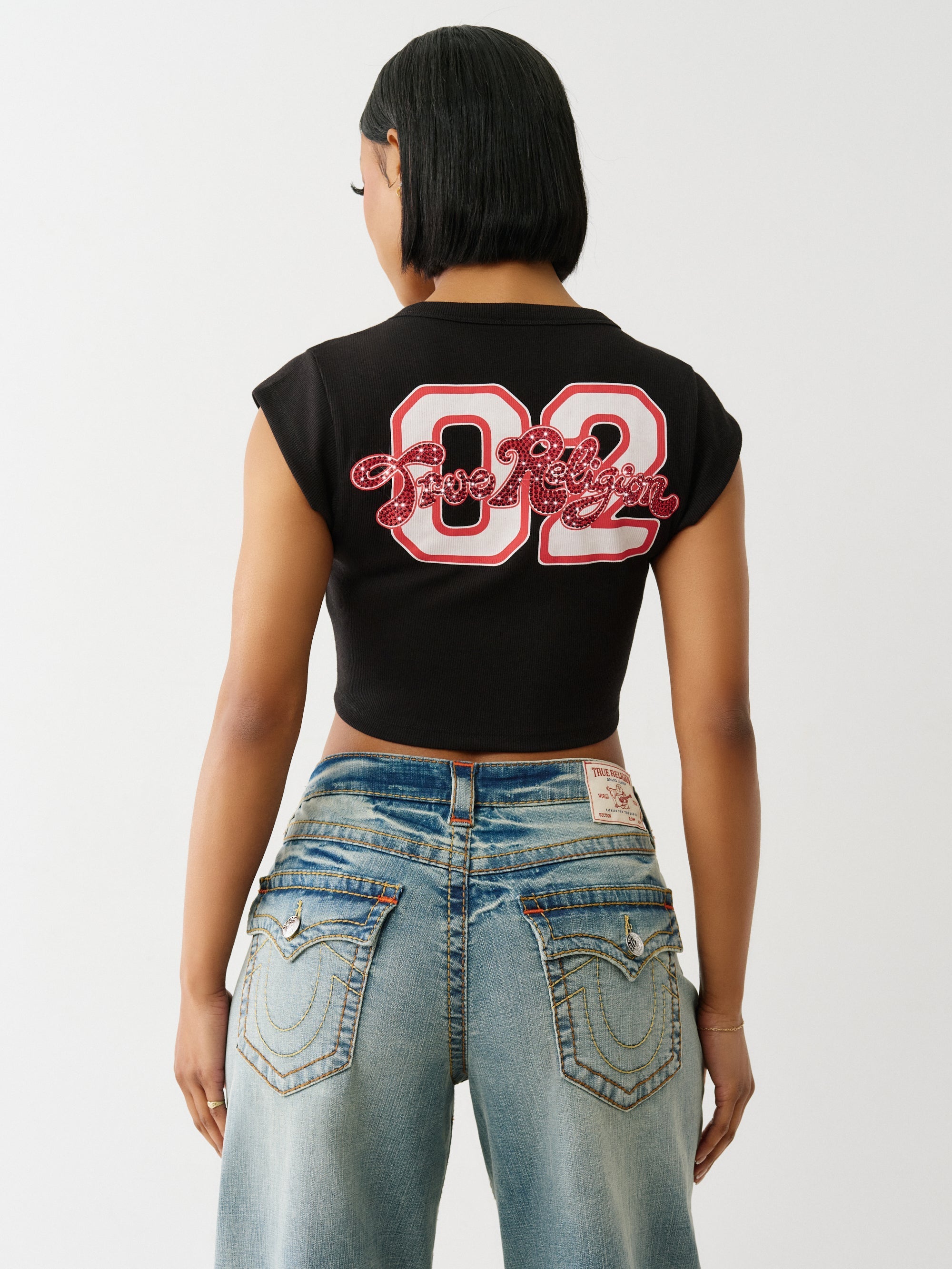 True Religion Crystl Tr Notch Cap Slvs Tee Jet Black